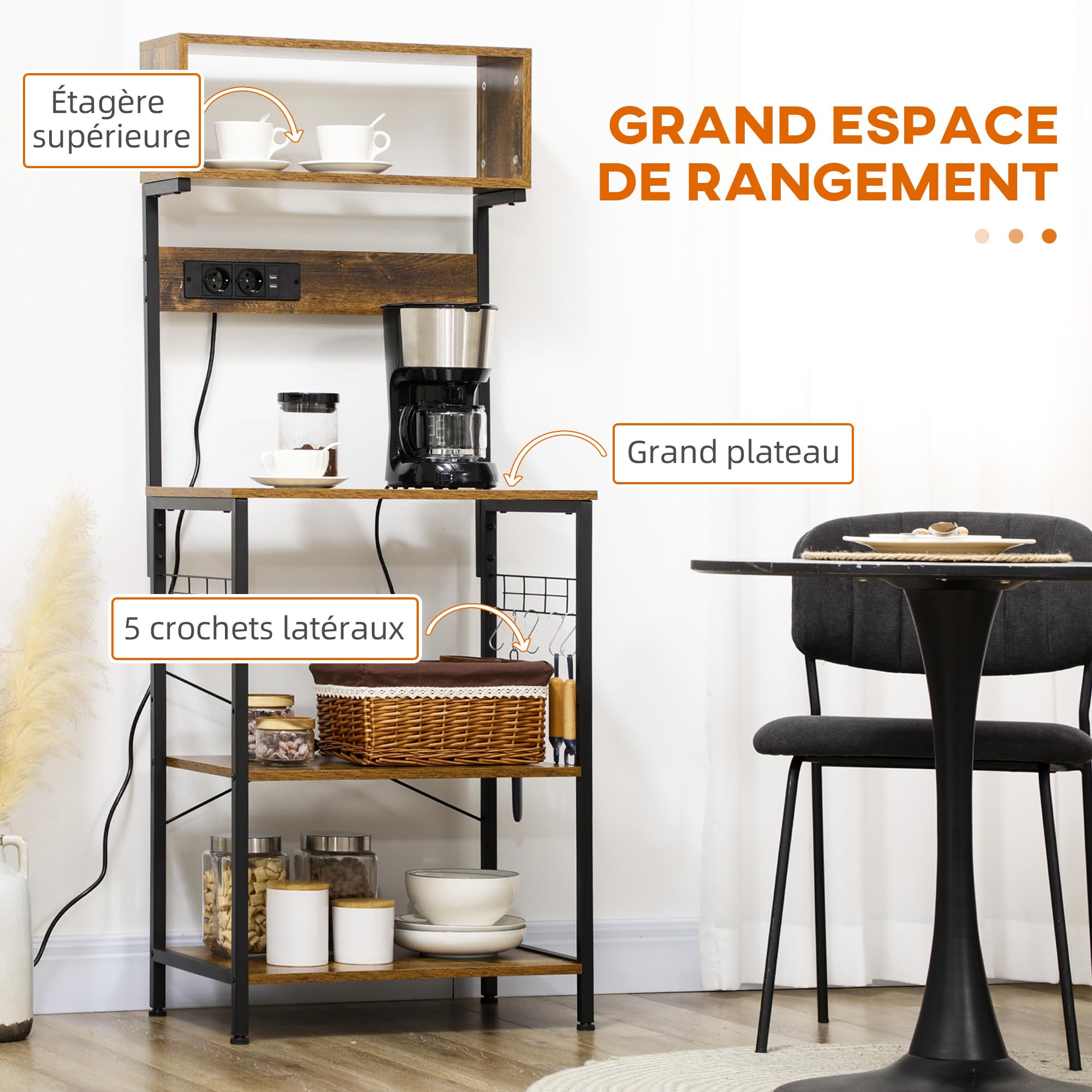 HOMCOM Étagère de Cuisine Support pour Micro-Ondes Meuble de Rangement Industrielle avec 2 Prises USB et Prise de Courant, 5 Crochets, Étagère Réglable, 60 x 42 x 153 cm, Marron Rustique