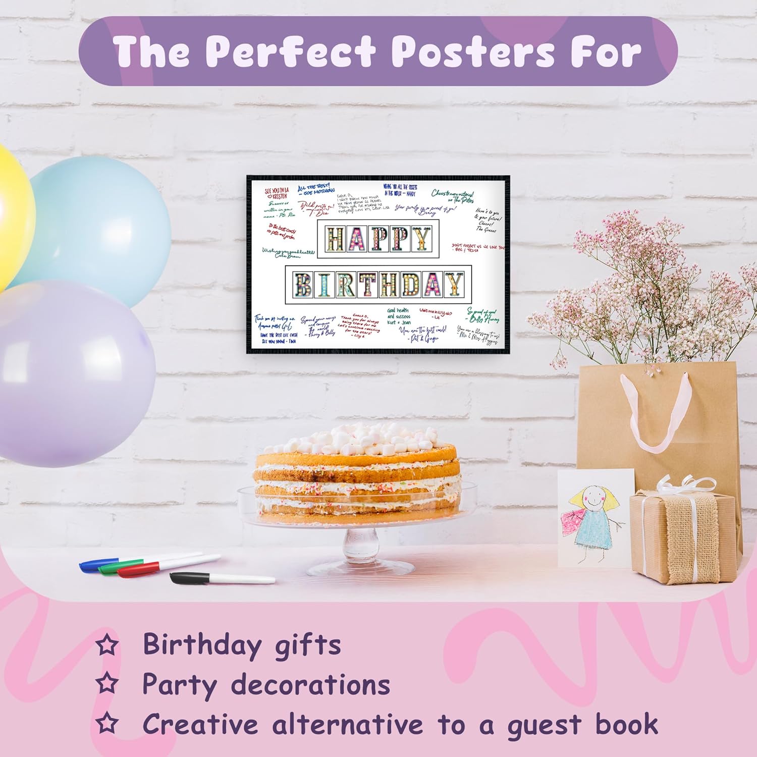 L&O Goods Cheers To Happy Birthday | Large Signature Board Wall Decor | Guest Book Alternative for Birthday, Anniversary, Company Party | Wall Art Poster Gift | 11x17 Inch with Frame and Markers