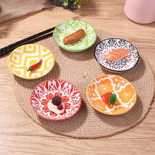 Miniatura 5 de Juego de 5 platos de cerámica para salsa de soja, redondos de 3.8 pulgadas, patrón floral colorido