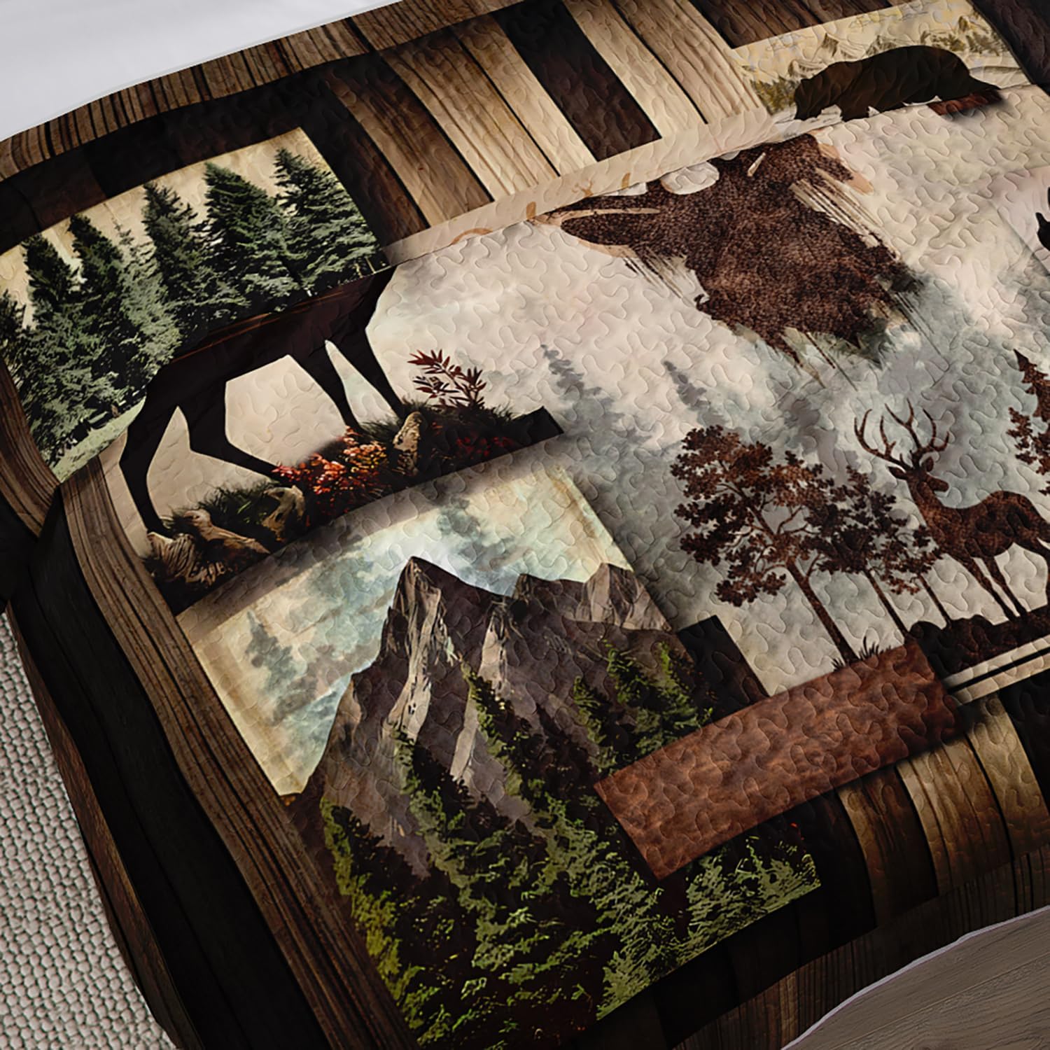 King Size Rustic Cabin Quilt Set,Camo Deer Bear Retro Bedding Sets for Hunting Room Decor,Brown Hunting Themed Plaid Patchwork Bedding Quilts with 2 Pillowcases. - Image 4