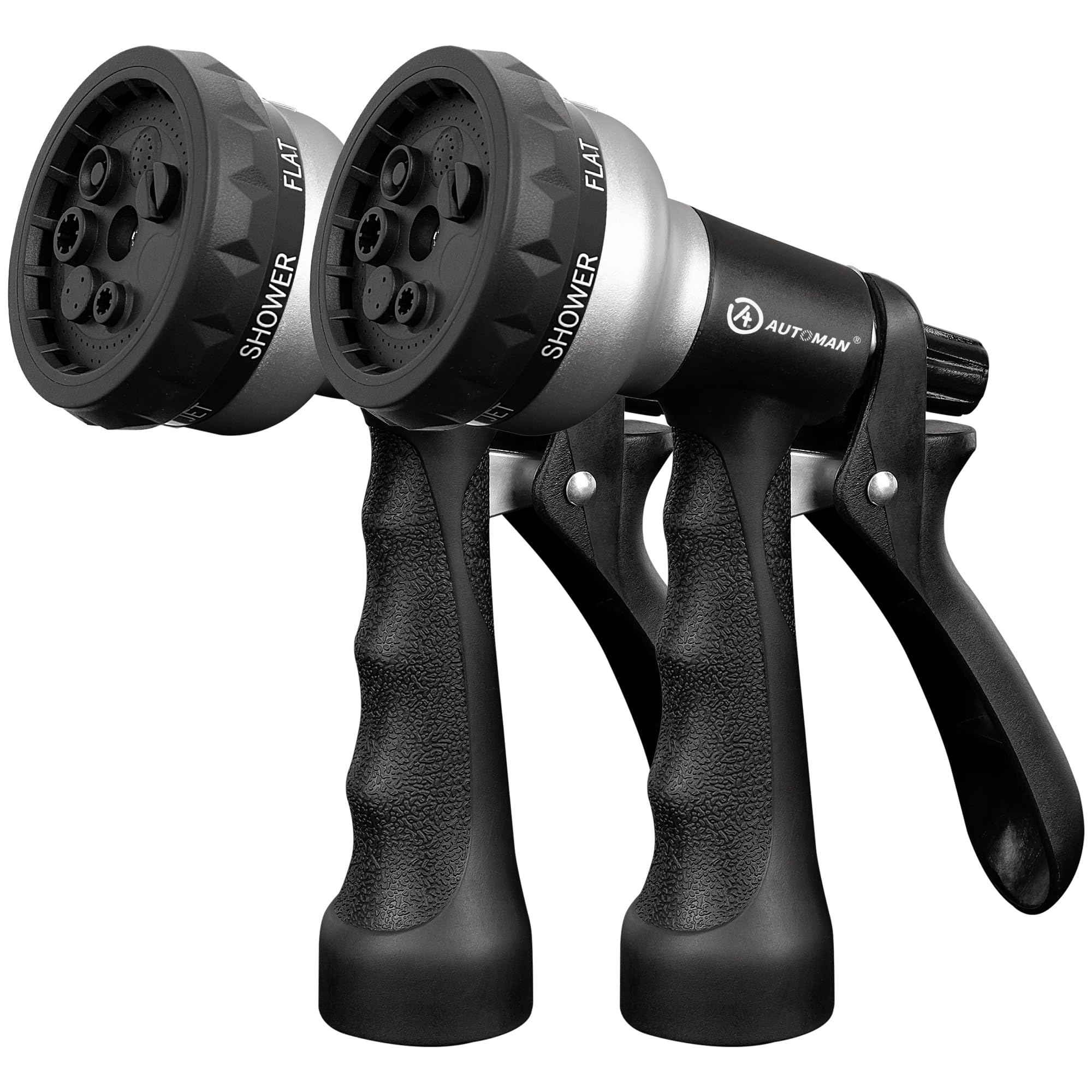 AUTOMAN-Garden-Hose-Nozzle, 2 Pack ABS Water Spray Nozzle, 7 Adjustable Watering Patterns, Slip Resistant for Watering Plants, Lawn&amp; Garden, Washing Car, Showering Pets &amp; Outdoor Fun.Silver Color