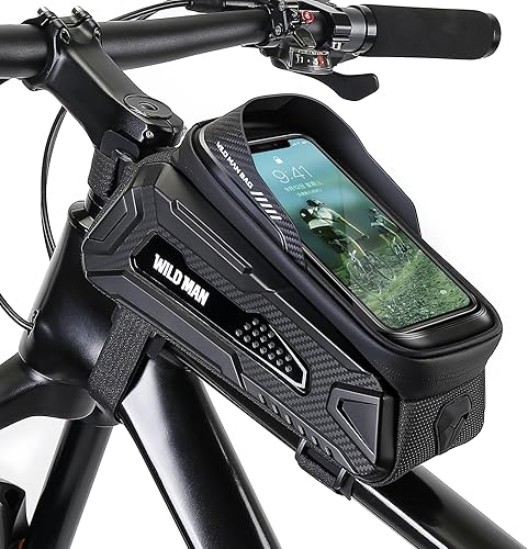 WILD MAN Bolsa de bicicleta Bolsa de teléfono para bicicleta Bolsa de EVA impermeable para marco frontal Bolsa de tubo superior para manillar Bolsa