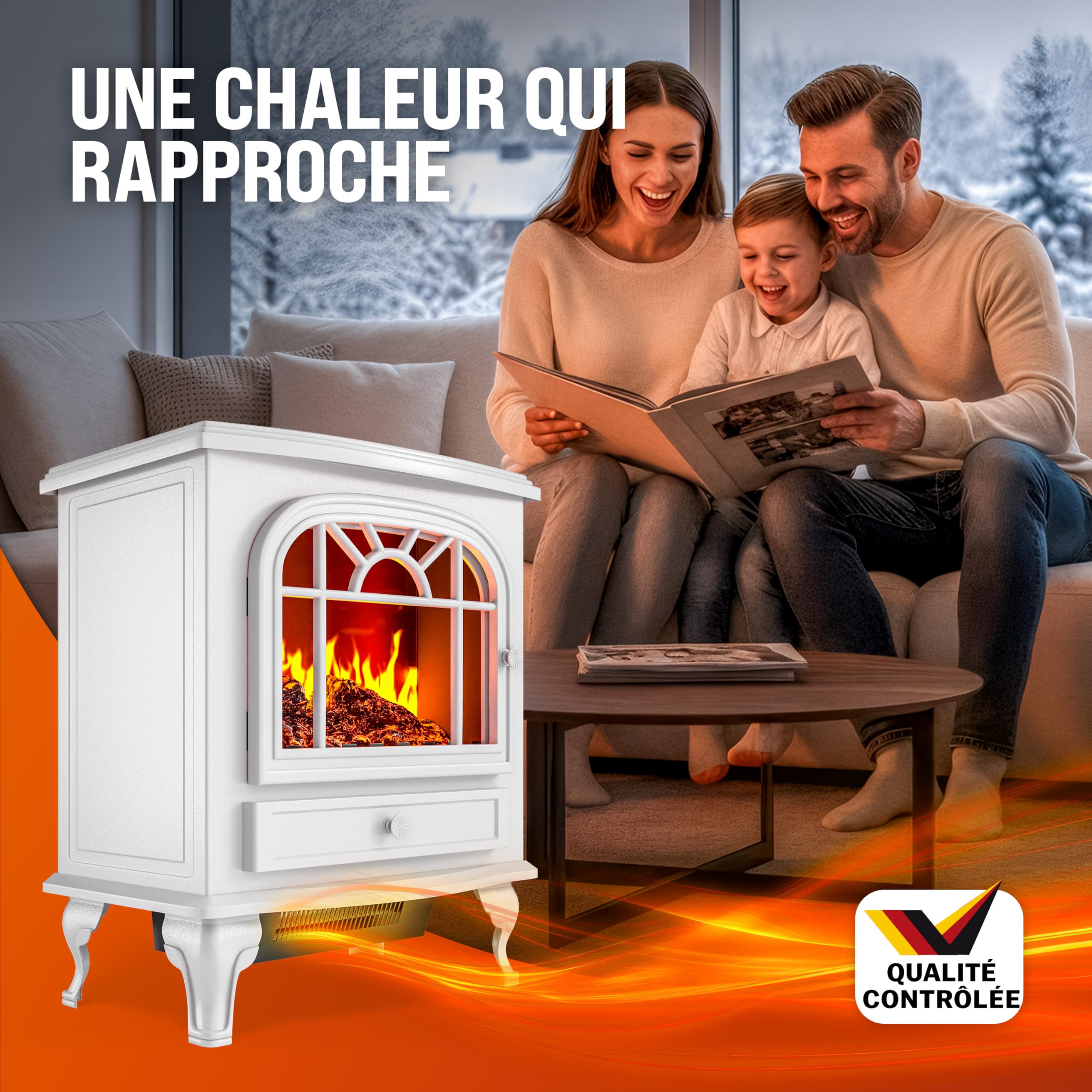 DEUBA® Cheminée électrique Effet Flamme 2000 W 2 Niveaux de Chauffage électrique soufflerie radiateur Chauffant LED cheminée décoration Blanc