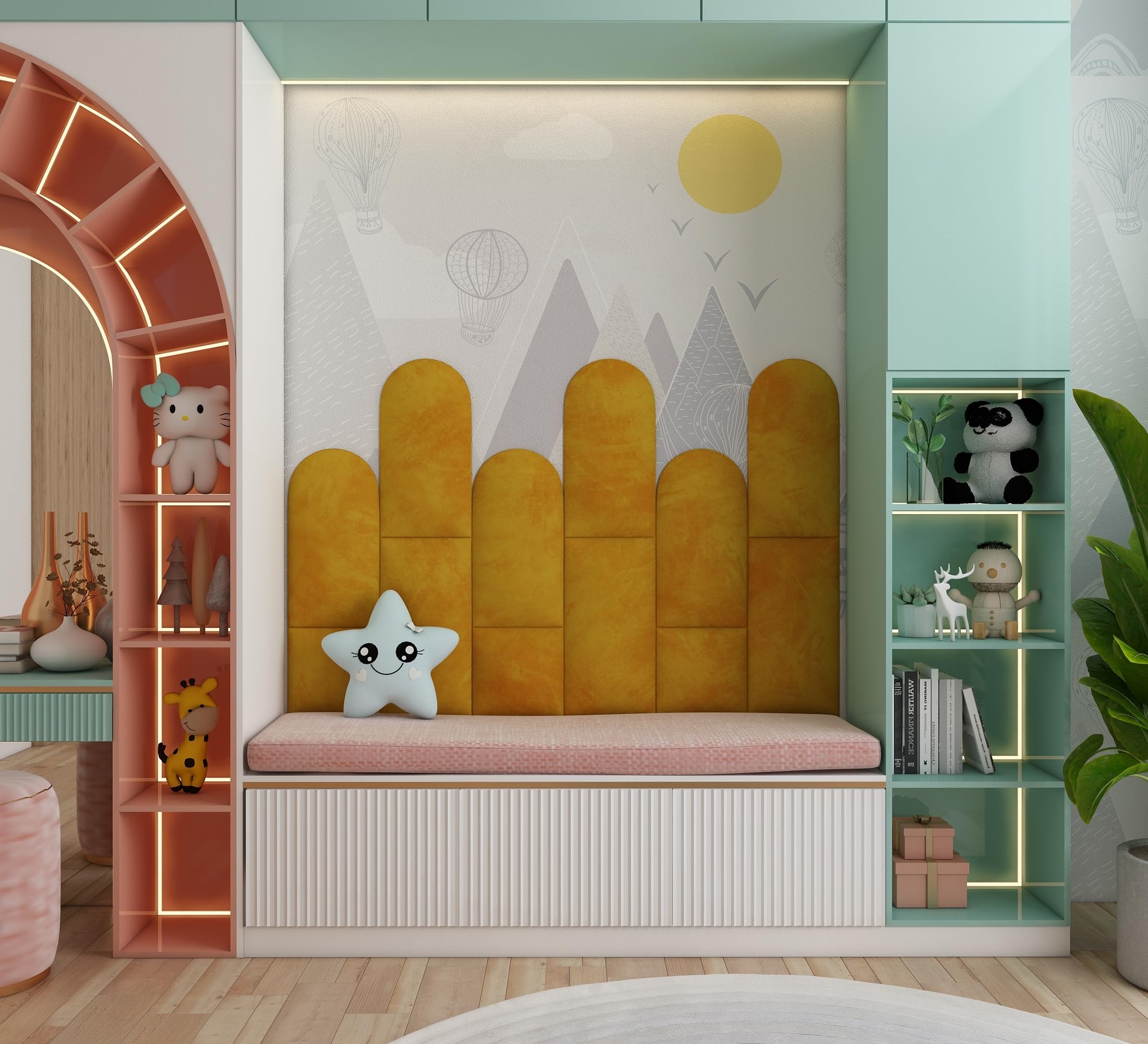 ua acoustics 2 Pack — Soft Velour Upholstered Acoustic Wall Panels | Decorative Headboard Panels for Children's Room & Playroom | Cozy Wall Padding & Safety Railing | (Yellow, 2x Rounded (25x50cm))