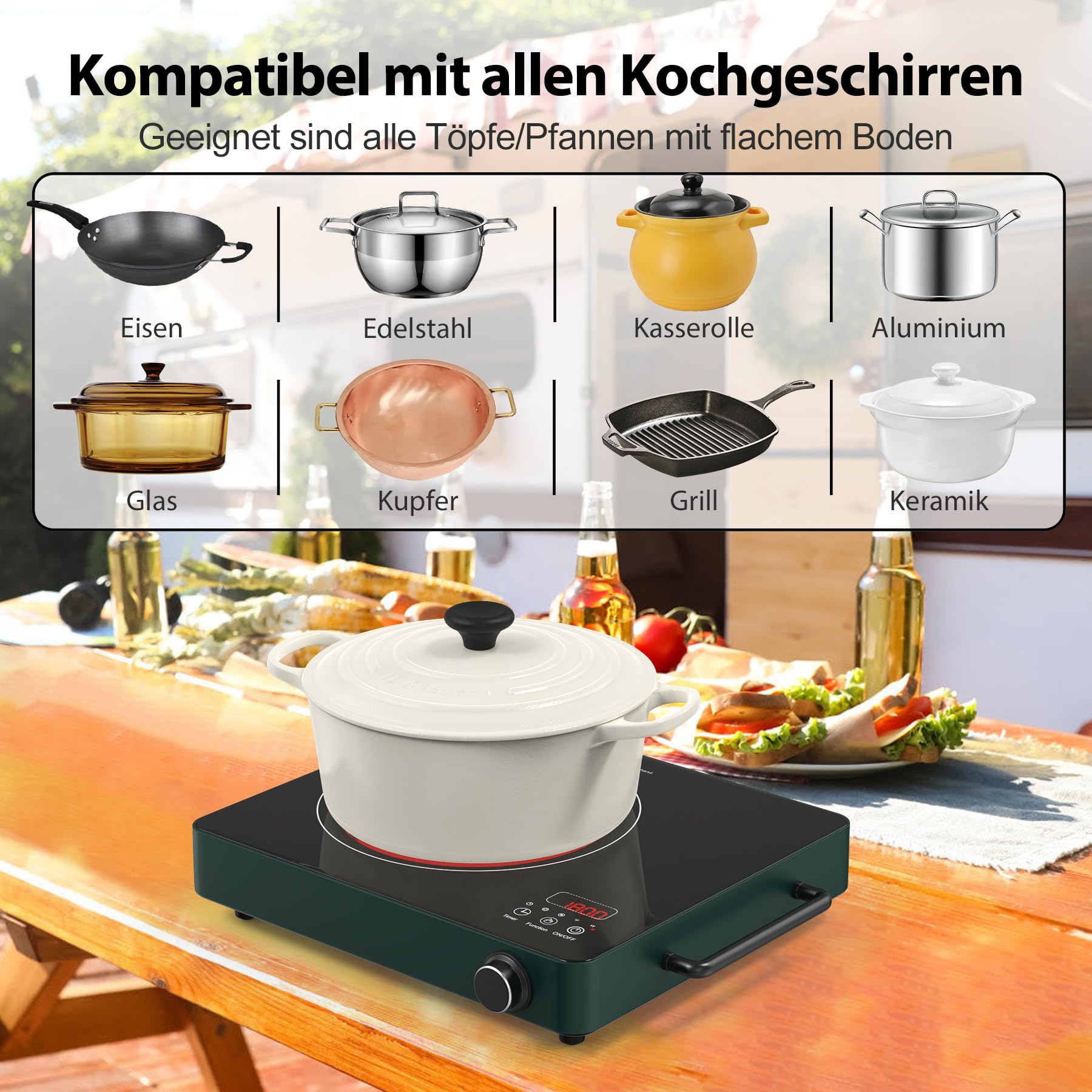 VBGK cerankochfeld 1 platte, tragbares 220-V-Touch- und Knopf-Elektrokochfeld, 2000-W-einzelnes Keramikkochfeld, 10 Leistungsstufen, Kindersicherung und 4-Stunden-Timer, tragbares Keramikkochfeld.