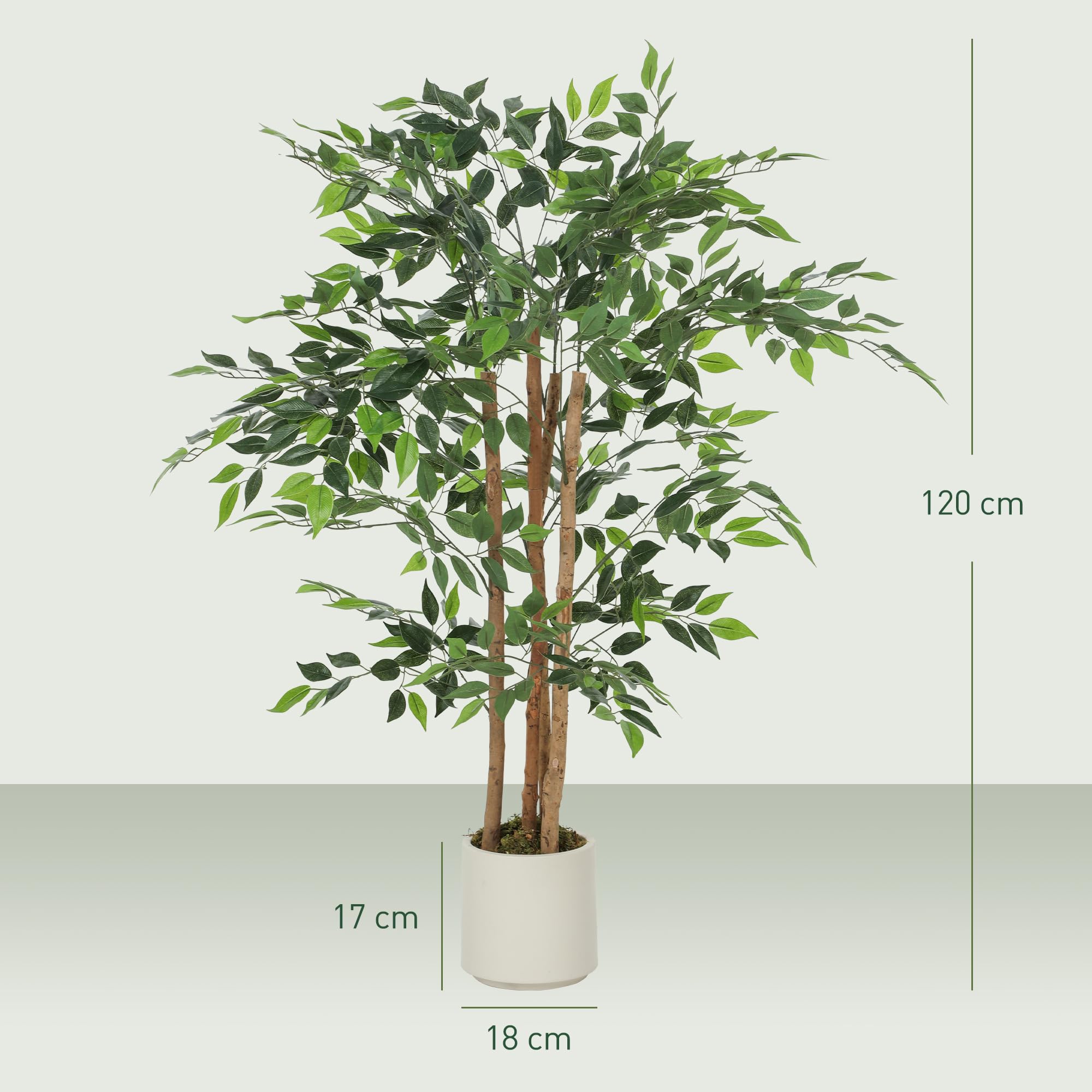 HOMCOM Pianta Artificiale di Baniano con Rami Orientabili e Vaso Contenitore Bianco in PP e Cemento, Pianta Verde in PEVA e Legno, per Interno, Ufficio, Soggiorno, Camera da Letto, 55x55x120 cm