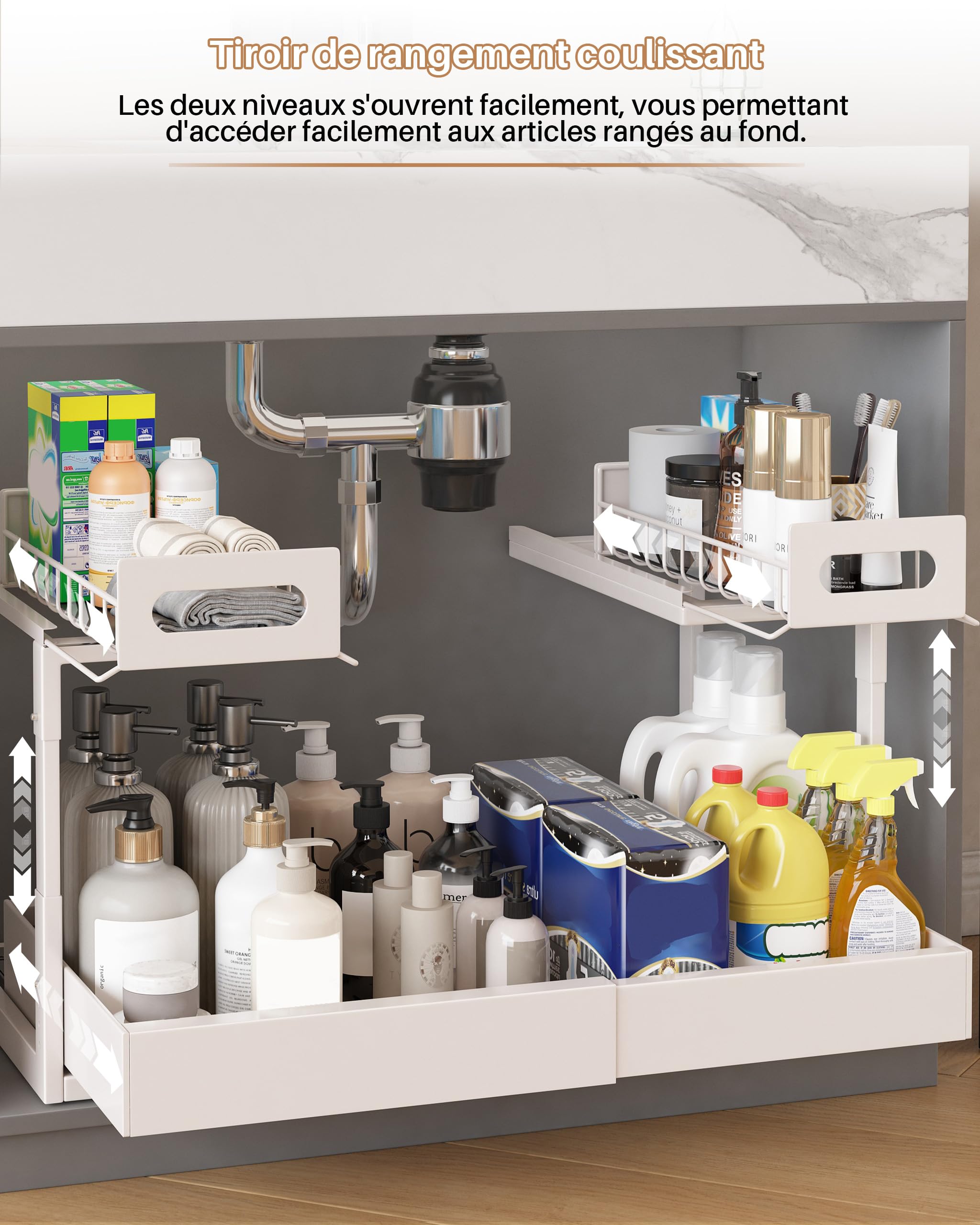 Rangement sous Évier en Métal, 2 Niveaux Tiroir Coulissant Cuisine pour Placard Meuble Cuisine Salle Bain, Réglable en Hauteur, Organiseur Extensible pour Évier, Largeur et Hauteur Réglables