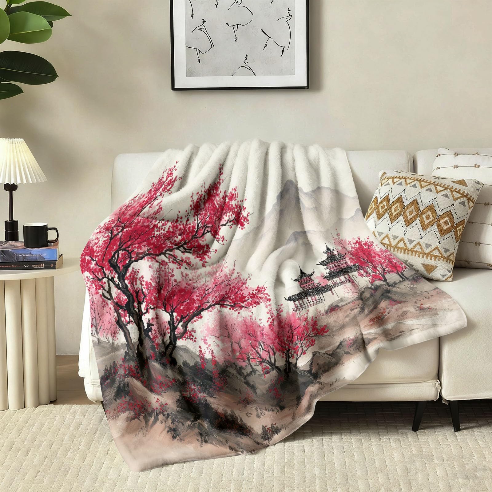 Peinture À L’Encre Chinoise Couverture Plaid Polaire Chaude 180 x 200 cm Montagnes Pagode Fleurs De Cerisier Couverture Imprimée pour Canapé Sofa Lit Voyager - Beige Plaid en Flanelle Doux Convient