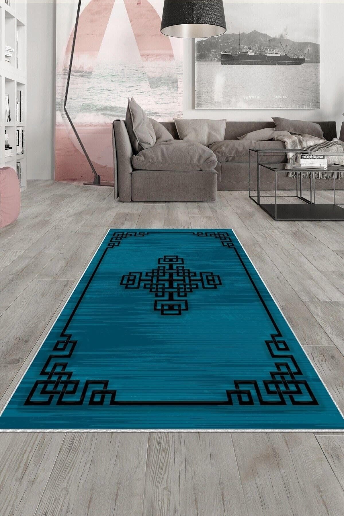 Pelangi Su Yeşili Kenar Işlemeli Yıkanabilir Kaymaz Taban Leke Tutmaz Modern Salon Halısı Ve Yolluk, Petrol Mavi-Siyah 180 x 250, 135809518025005