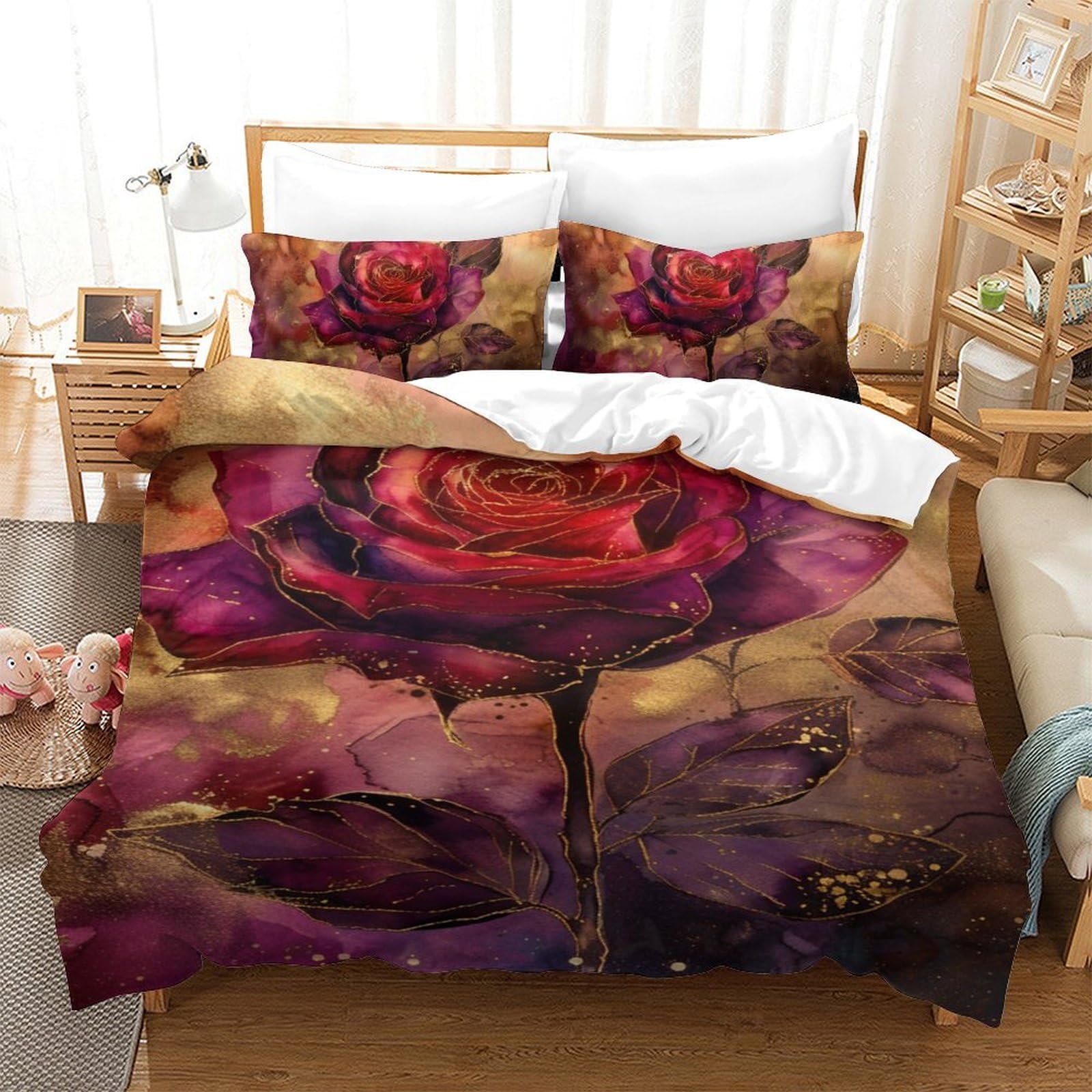 Parure housse de couette 3D motif roses en microfibre haute densité