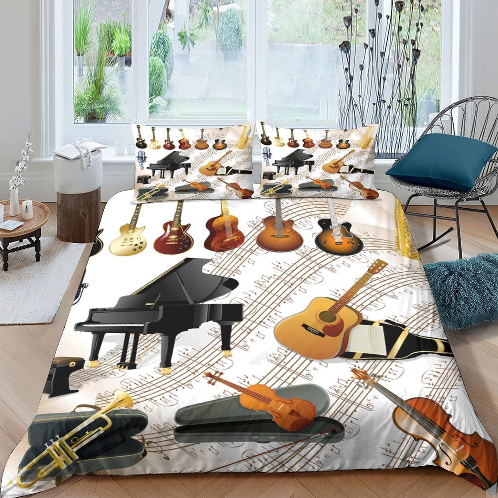 Ctjqhvkz Style-6 3D Printed Musical Instruments Fitted Sheet Microfiber Bedroom Decor Piano Guitar Mattress Cover For Adults Teens Single（135X200cm）