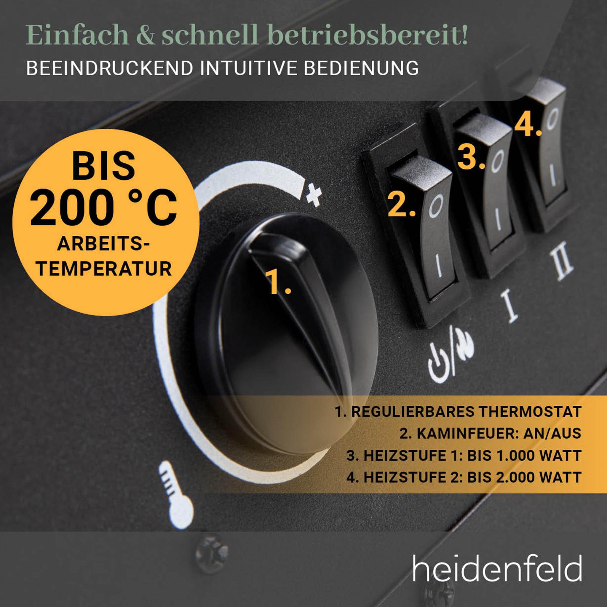 Heidenfeld Elektrokamin EK100 | 𝟯 𝐉𝐀𝐇𝐑𝐄 𝐆𝐀𝐑𝐀𝐍𝐓𝐈𝐄 - 2000 Watt - Energiesparende LEDs - Glasfront - 2 Heizstufen - 3D Flammeneffekt Kaminfeuer - Kaminofen Bis 30 m² (Schwarz 2.0)