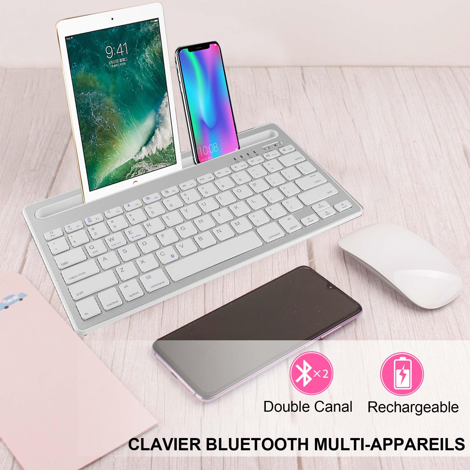 Clavier Filaire Bluetooth, Clavier QWERTY Silencieux Rechargeable Ultra-Mince, 78 Touches,Prend en Charge la Commutation Entre 2 Appareils, aAec Support Intégré,pour iPad,Tablettes,Smartphones(argent)