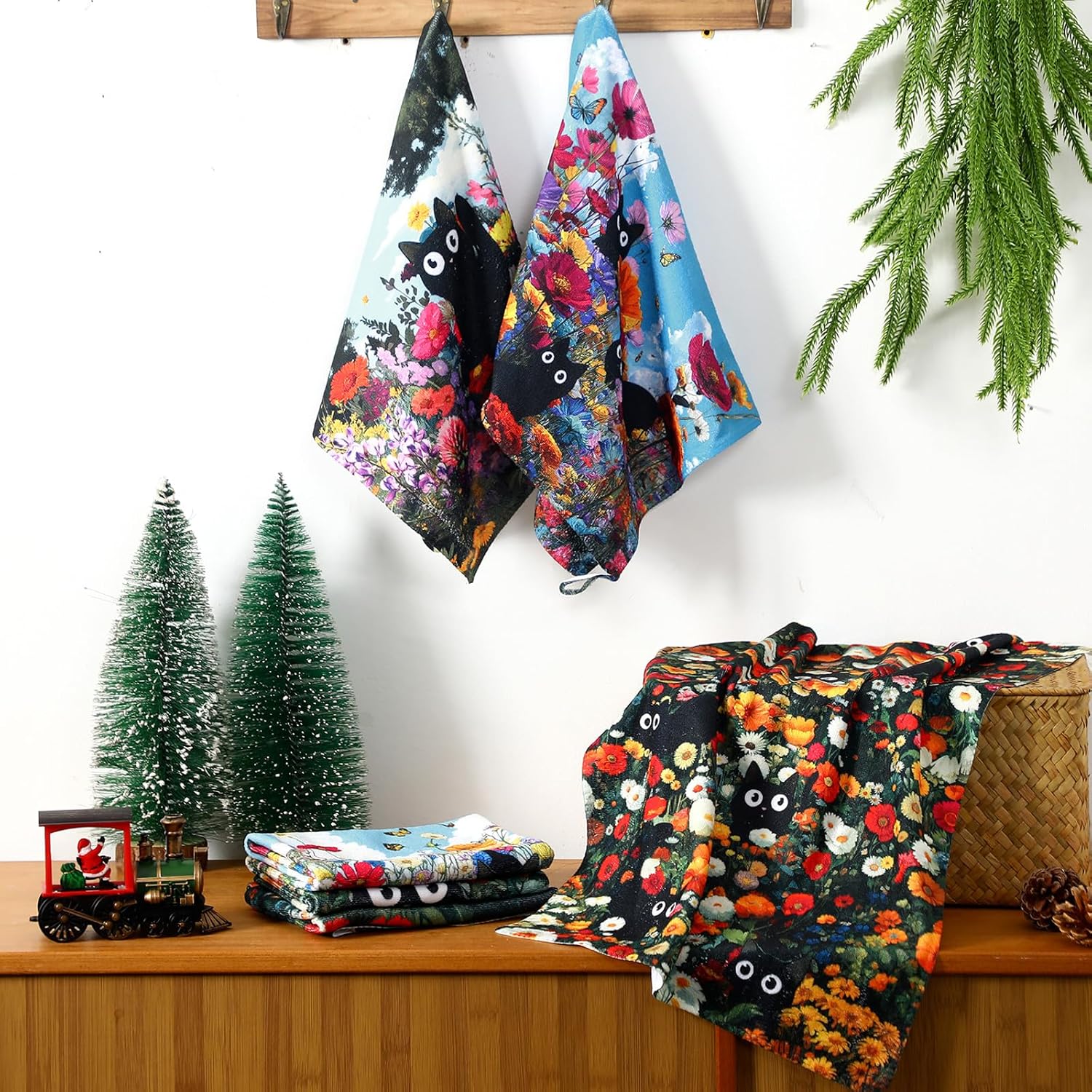 Redbaker 6 Pcs Black Cat Kitchen Towels Retro Wildflower Floral Dish Towel Cute Kitty Absorbent Kitchen Hand Tea Dishcloth with Hanging Loop for Cat Lover Bathroom Home Housewarming Gift - Image 6