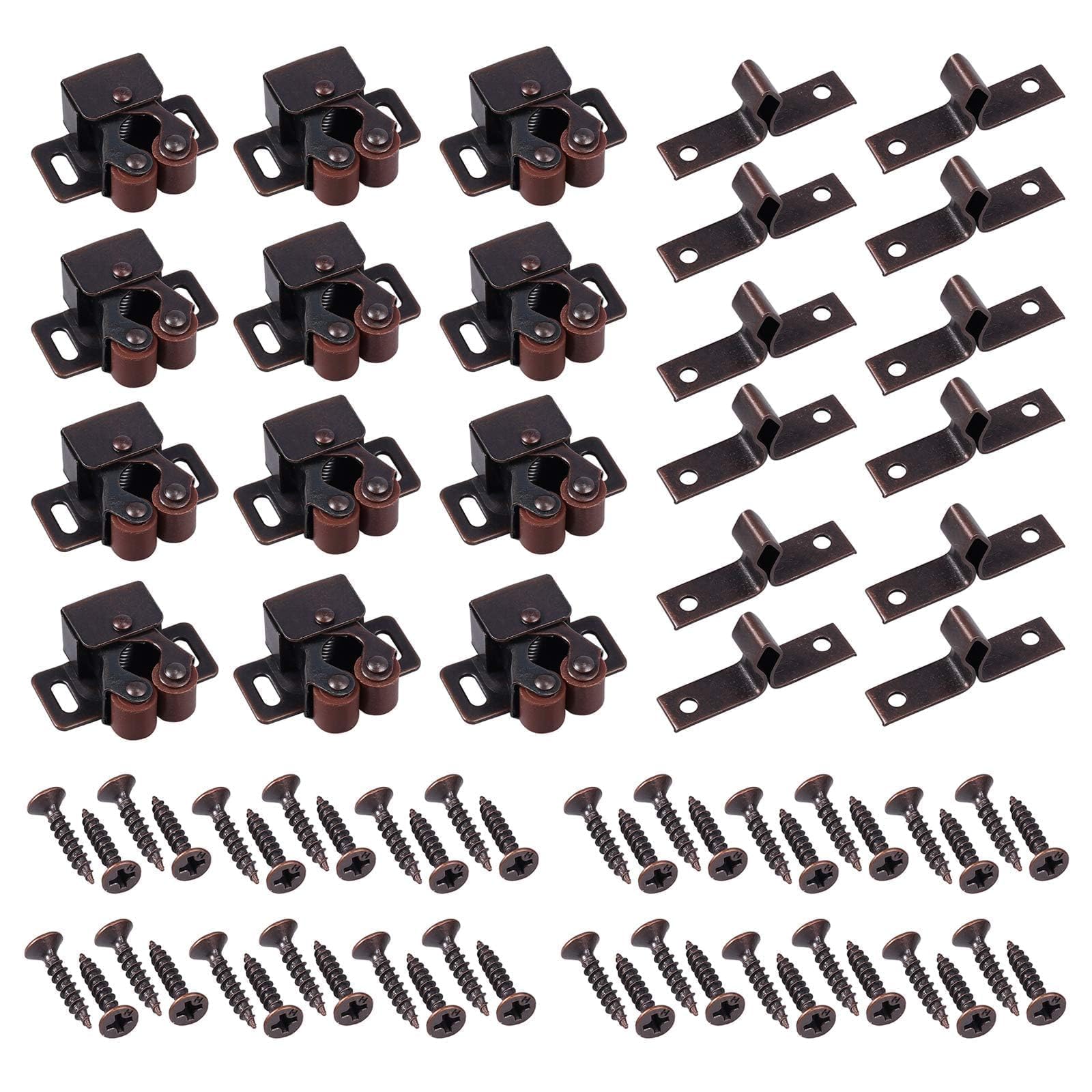 Justech 12 PCS Cabinet Latch, Double Roller Catch, Brown Antique Copper Cabinet Door Latch and Catch Hardware with Installation Screws for Kitchen Cabinet Drawer Closet