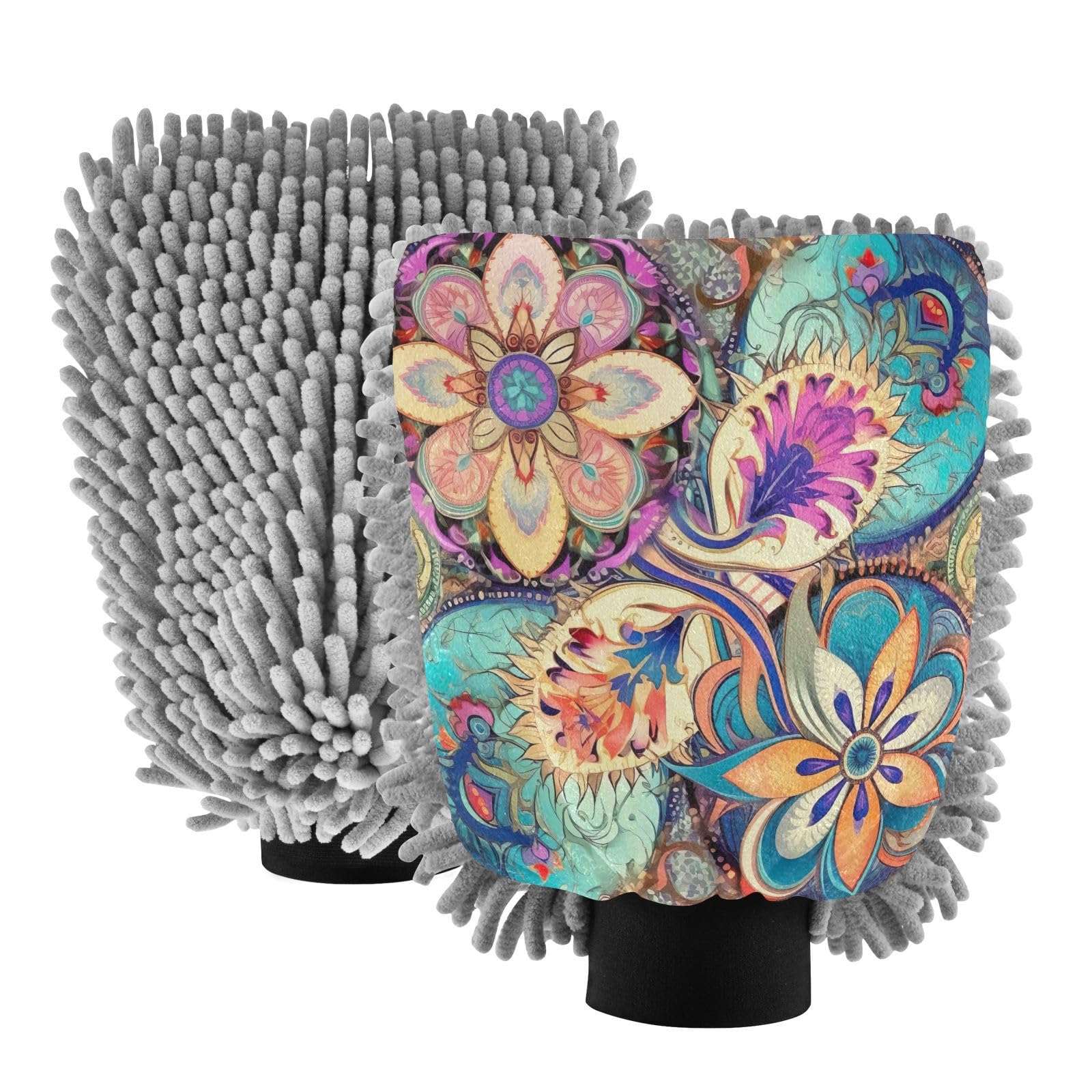 Flradish 2 Pack Ethnic Print Car Wash Mitt Chenille Microfiber Lint-Free Scratch Free Ultra-Soft Absorbent Car Wash Mitt 11.8x8.07 Inch