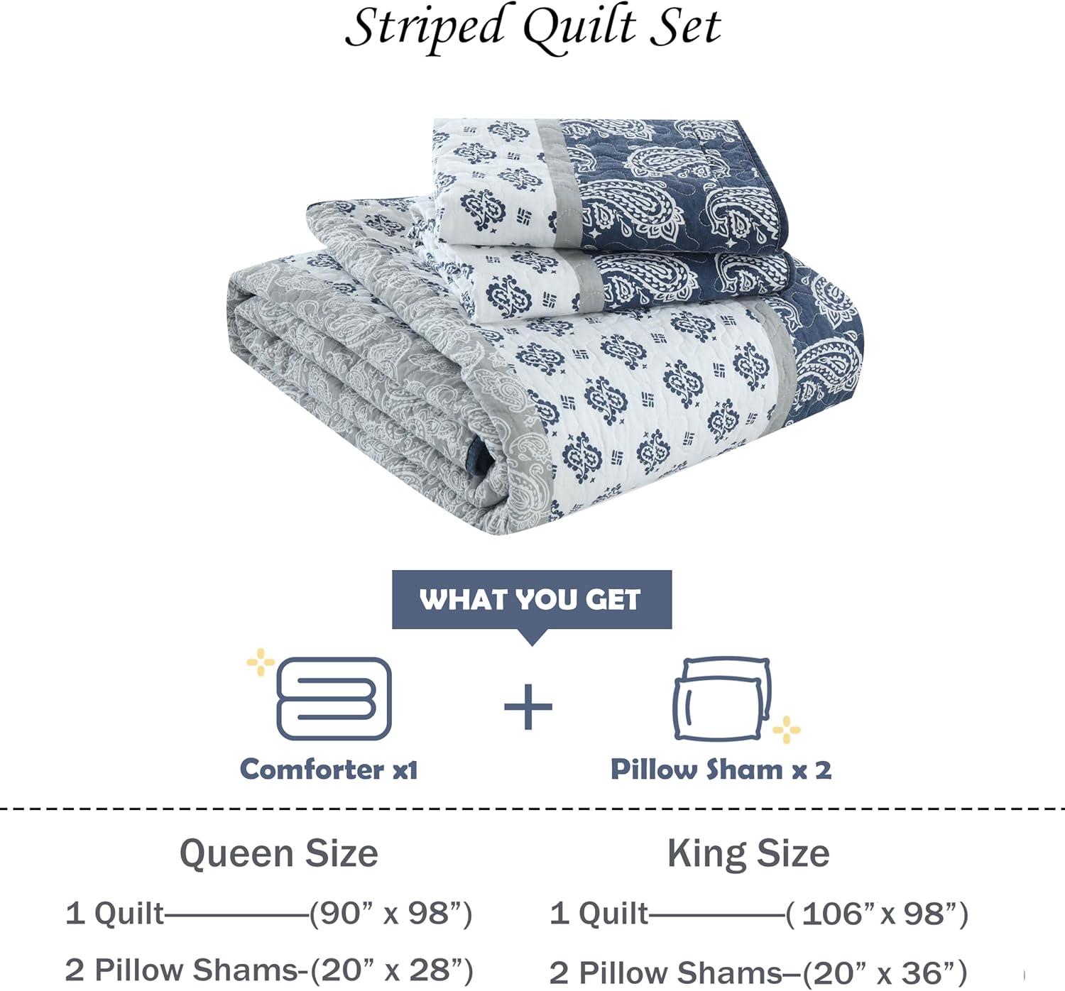 Quilt King Size, Cotton Comforter King Size,Navy Grey White Bedding Set, Farmhouse Striped Bedspread, Luxury Bed Set Bedroom for All Seasons 3 Piece - Image 6