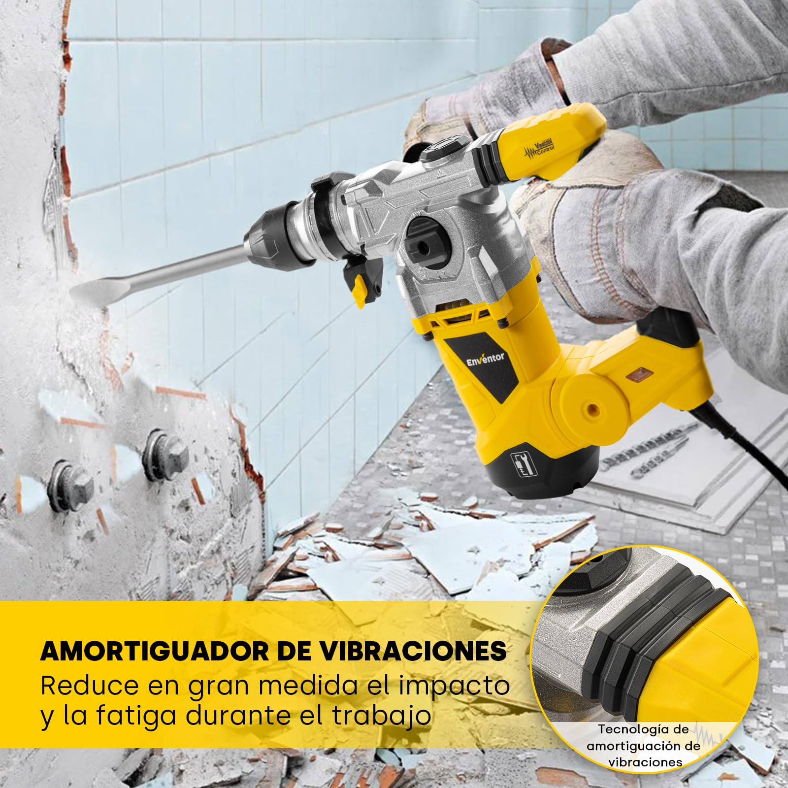 Enventor Martillo Perforador, 1500W Martillo Demoledor, Martillo Percutor con SDS-Plus Mandril, 4500BPM, 6J, 850RPM, 4 Funciones, Control de Vibración, para Concreto, Metal y Madera