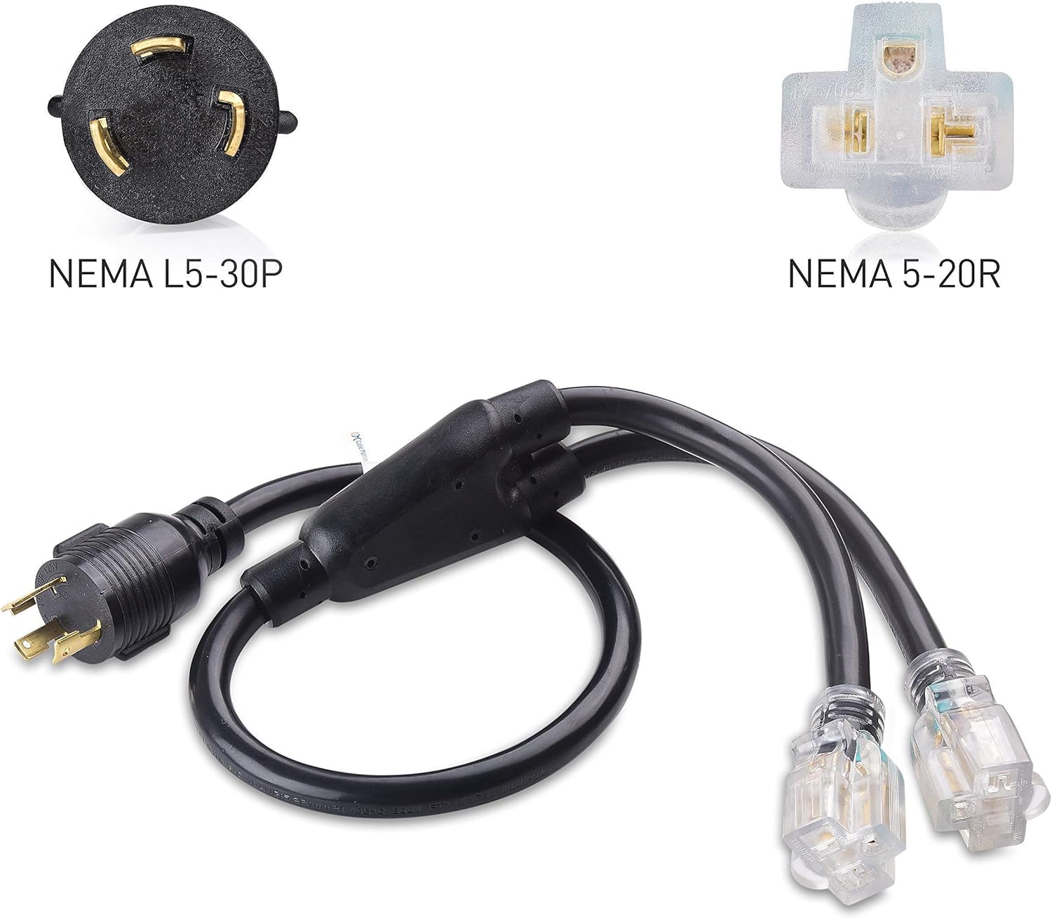 Cable Matters LED-Lit 3 Prong 30 Amp to 15 Amp Adapter for Generator (30 AMP to 110 Adapter Splitter) 3 Feet - NEMA L5-30P to 2X 5-20R & LED-Lit 4 Prong 30 Amp to 15 Amp Adapter 30 Inches