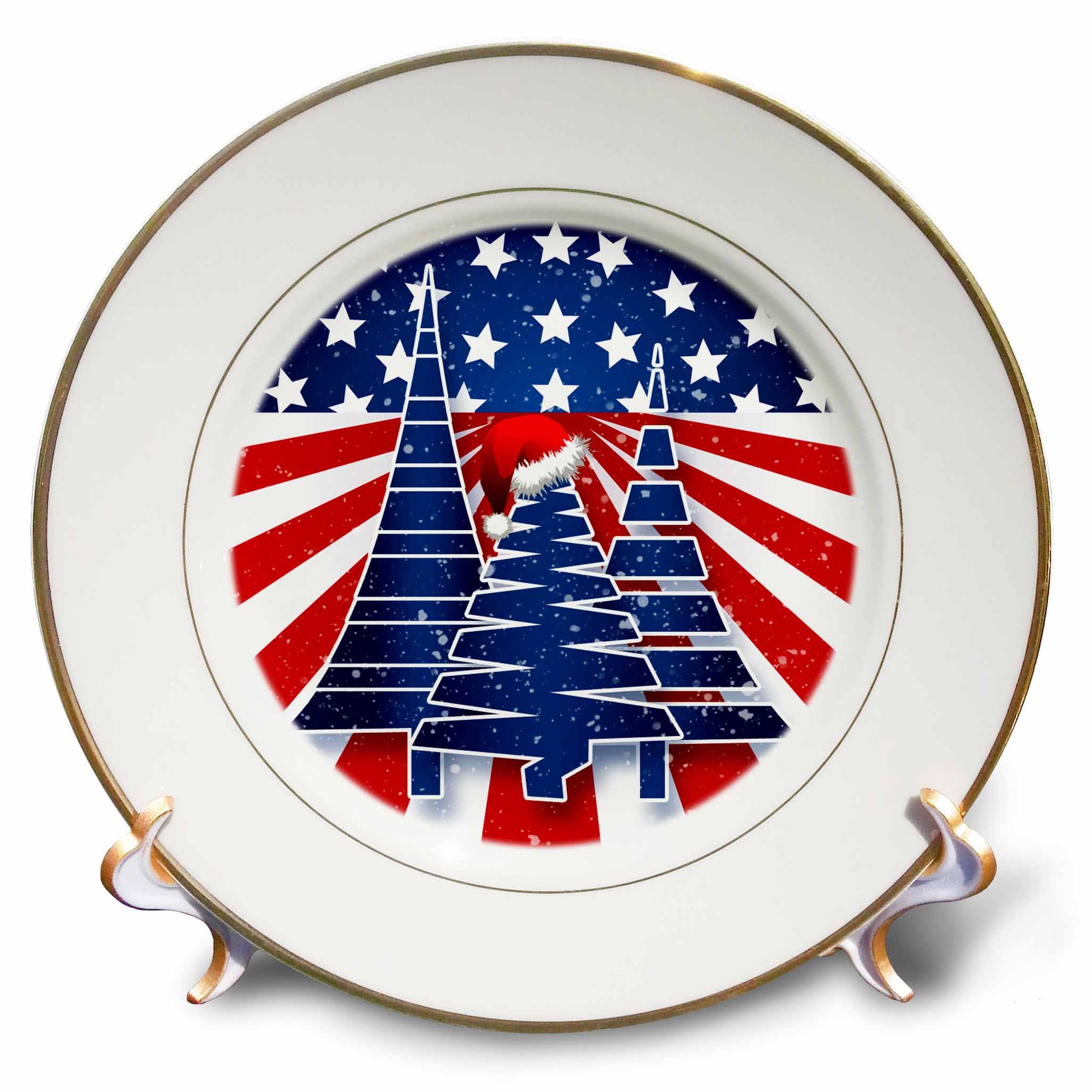 3D Rose cp_233592_1 Stars & Stripes Christmas Trees with Santa Hat in Red White & Blue Porcelain Plate, 8