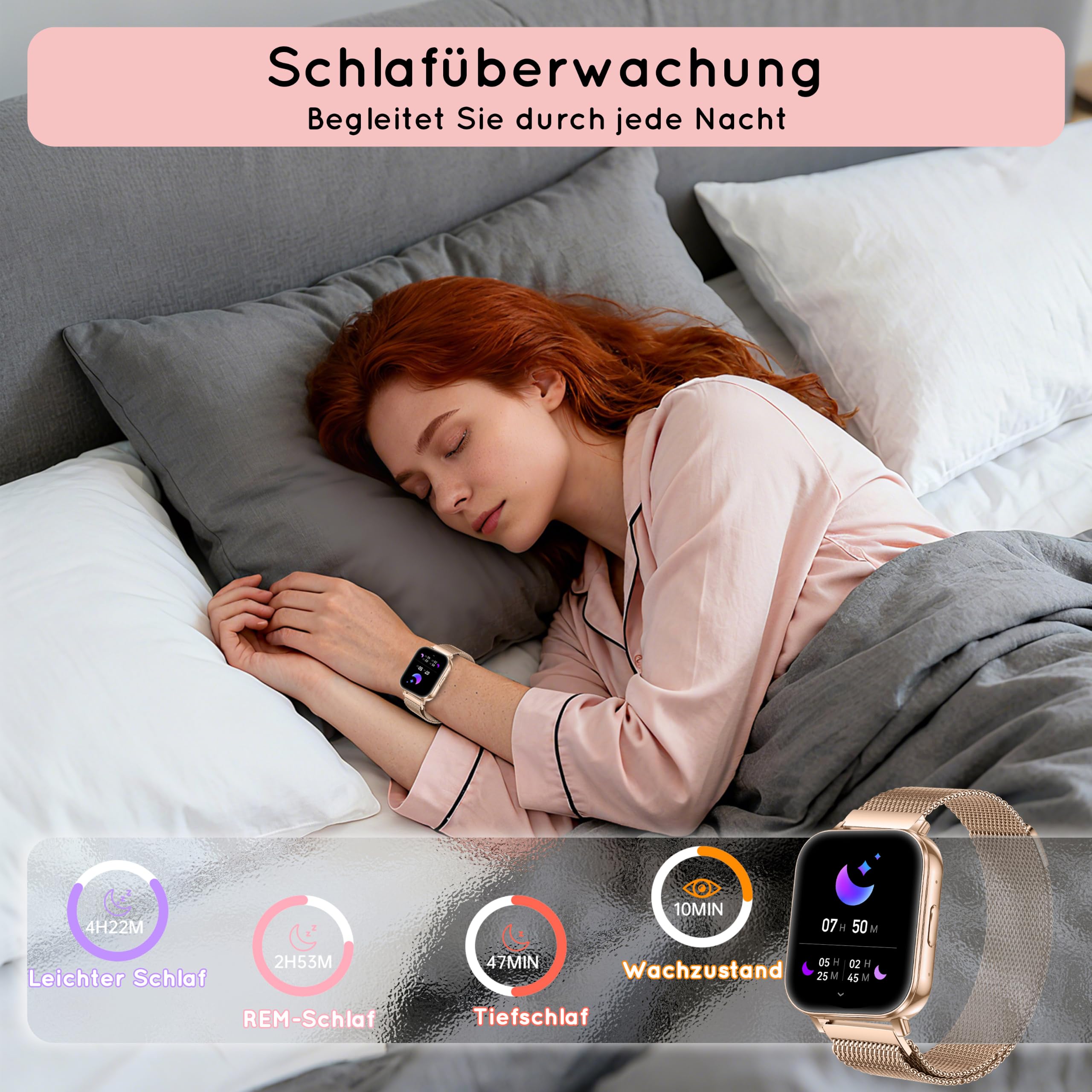 Smartwatch Damen mit Telefonfunktion 1,85" 30+ Tage Autarkiezeit Fitnessuhr Herzfrequenz SpO2 Schlaf Monitor 120+ Sportmodi 1000mAh iOS Android Roségold