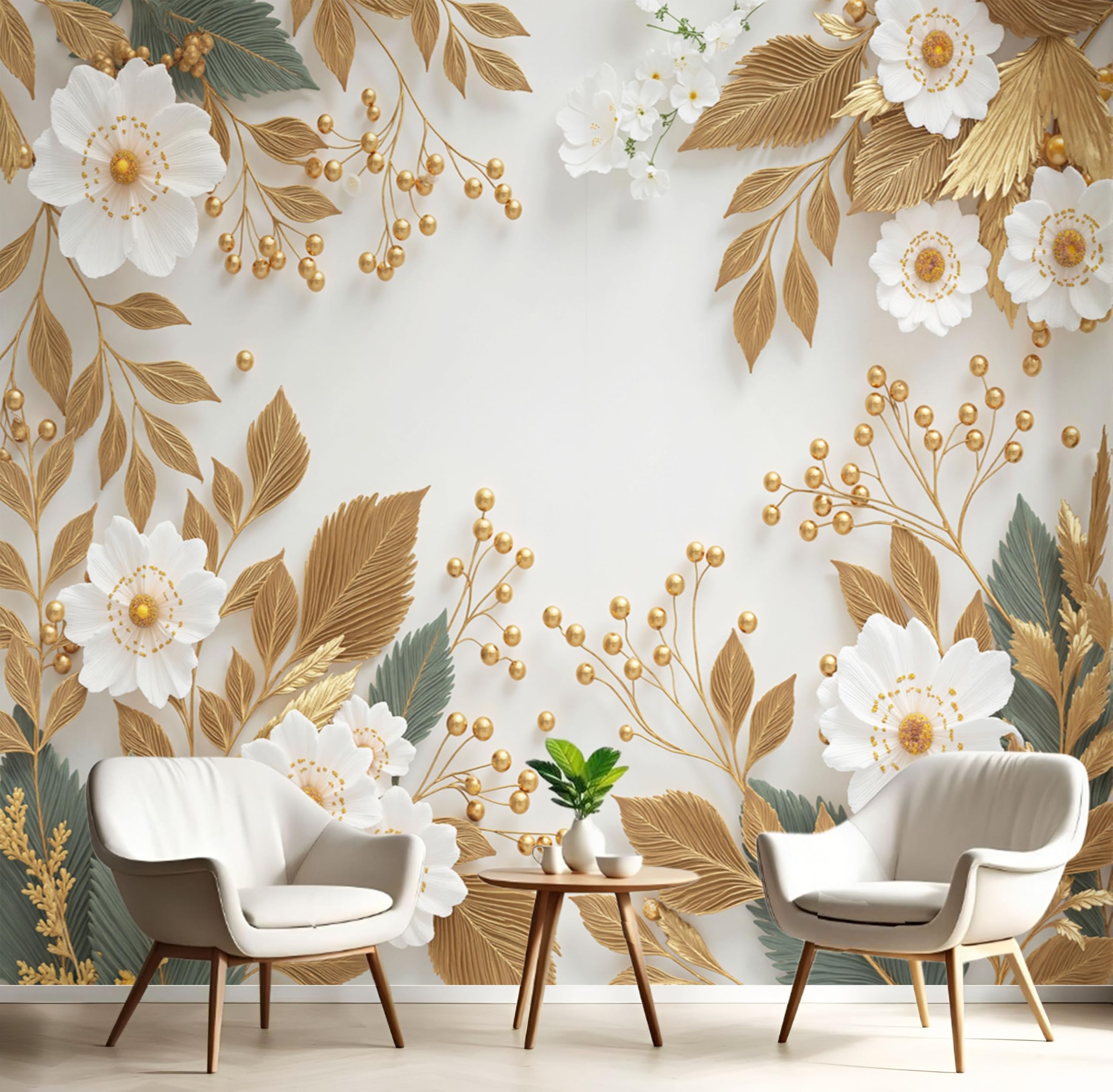 Papier peint panoramique 3D feuilles dorées pour salon et chambre parentale