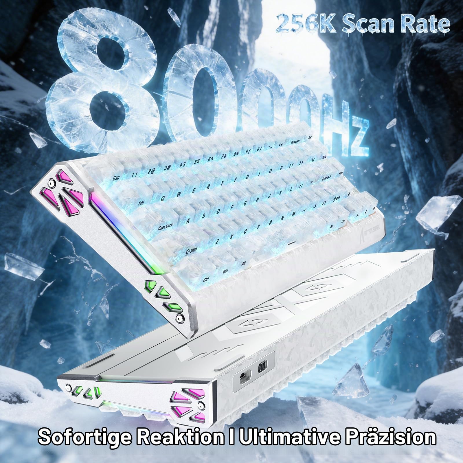 ATTACK SHARK R68 HE 8000Hz Rapid Trigger Tastatur, 0,005mm RT Genauigkeit, kabelgebundene Gaming-Tastatur, Carbonfaser-Oberfläche & Tasten, CNC-Aluminium-Seiten, RGB, C01 Coiled Kabel, Ice Ninja