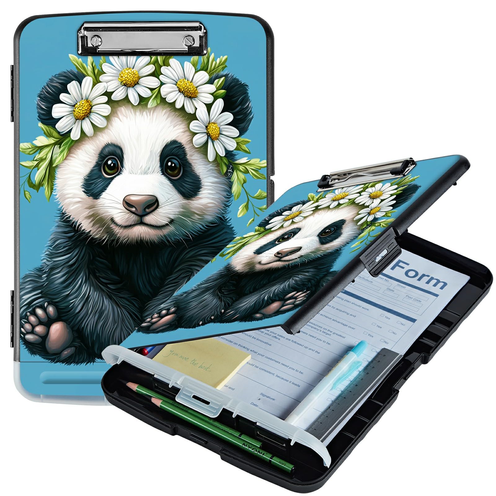 RWUTYTIUL Daisy Panda A4 Clipboard with Storage Pen Holder, Clipboards Organizer Nursing Clipboard Foldable File Folder Plastic Clipboard Folio Clip Board for Office Students Classroom Doctor โ image 1