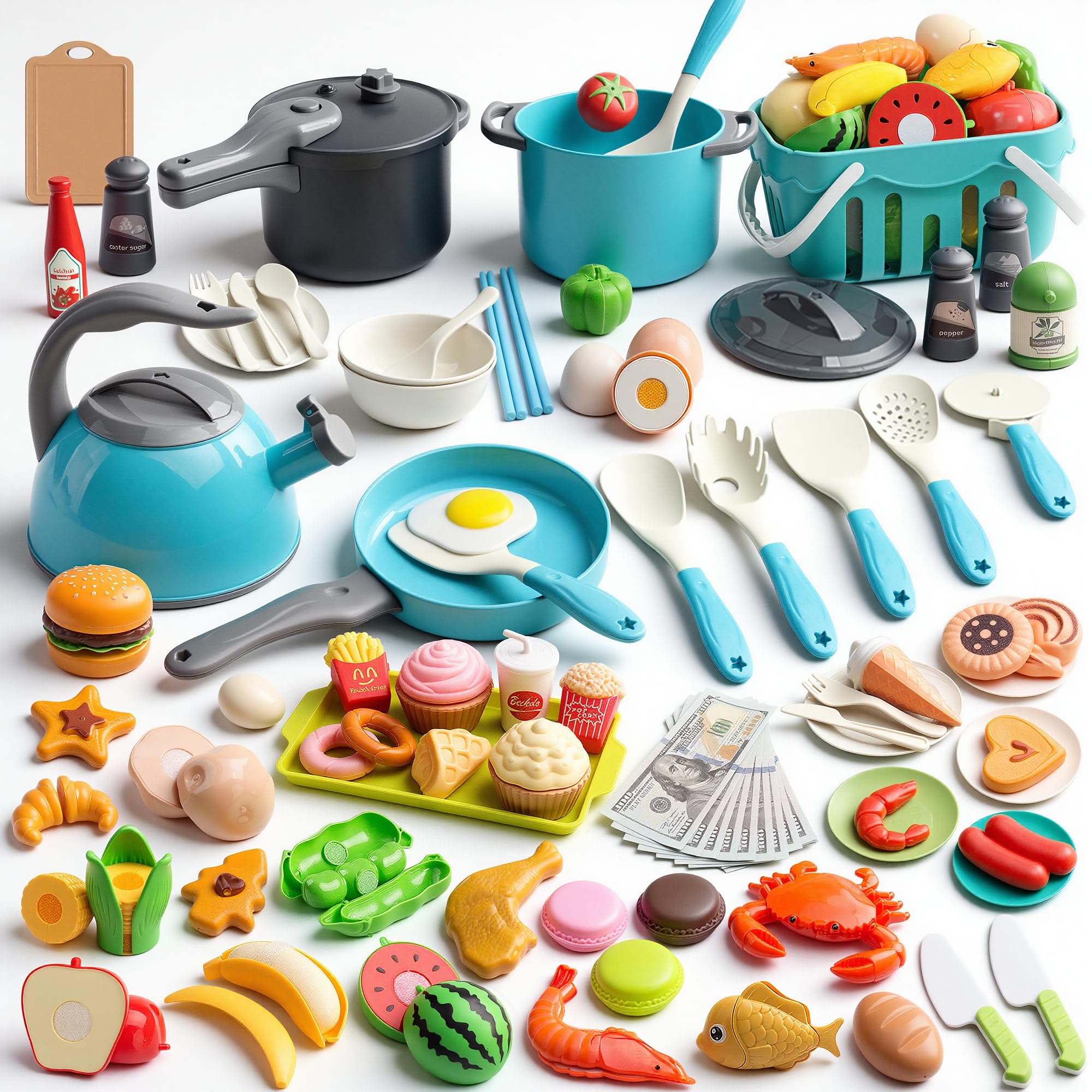 130Pcs Kitchen Playset, Toddler Pretend Cooking Play Pots, Pans, Utensils Cookware, Daily Food Fruit Veges, Shopping Storage Basket, Dessert, Prop