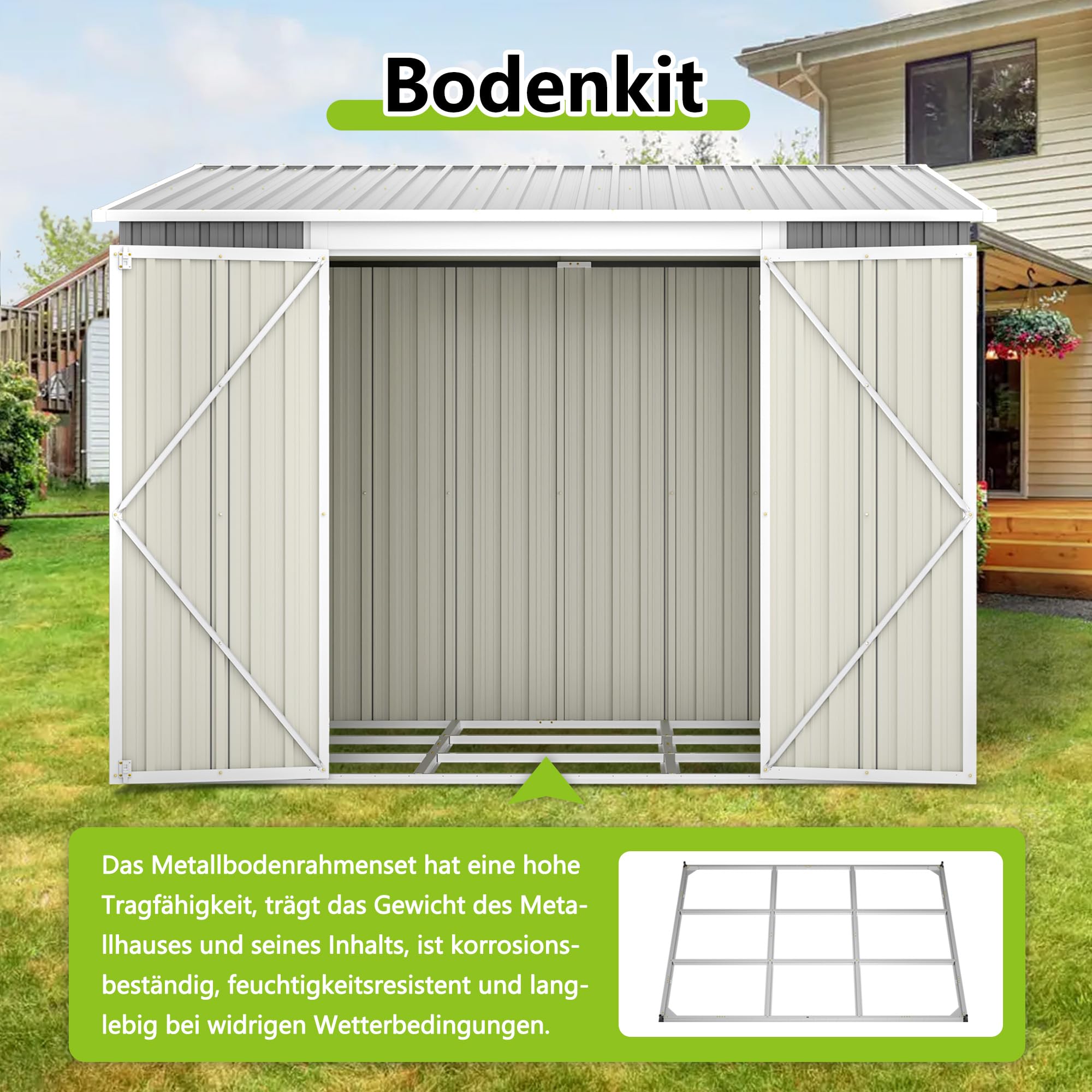 Verzinktes Gerätehaus 1,8x2,4 m – Metallschuppen mit Bodenrahmen, Schrägdach, abschließbarer Gartenschrank für Werkzeuge & Fahrräder