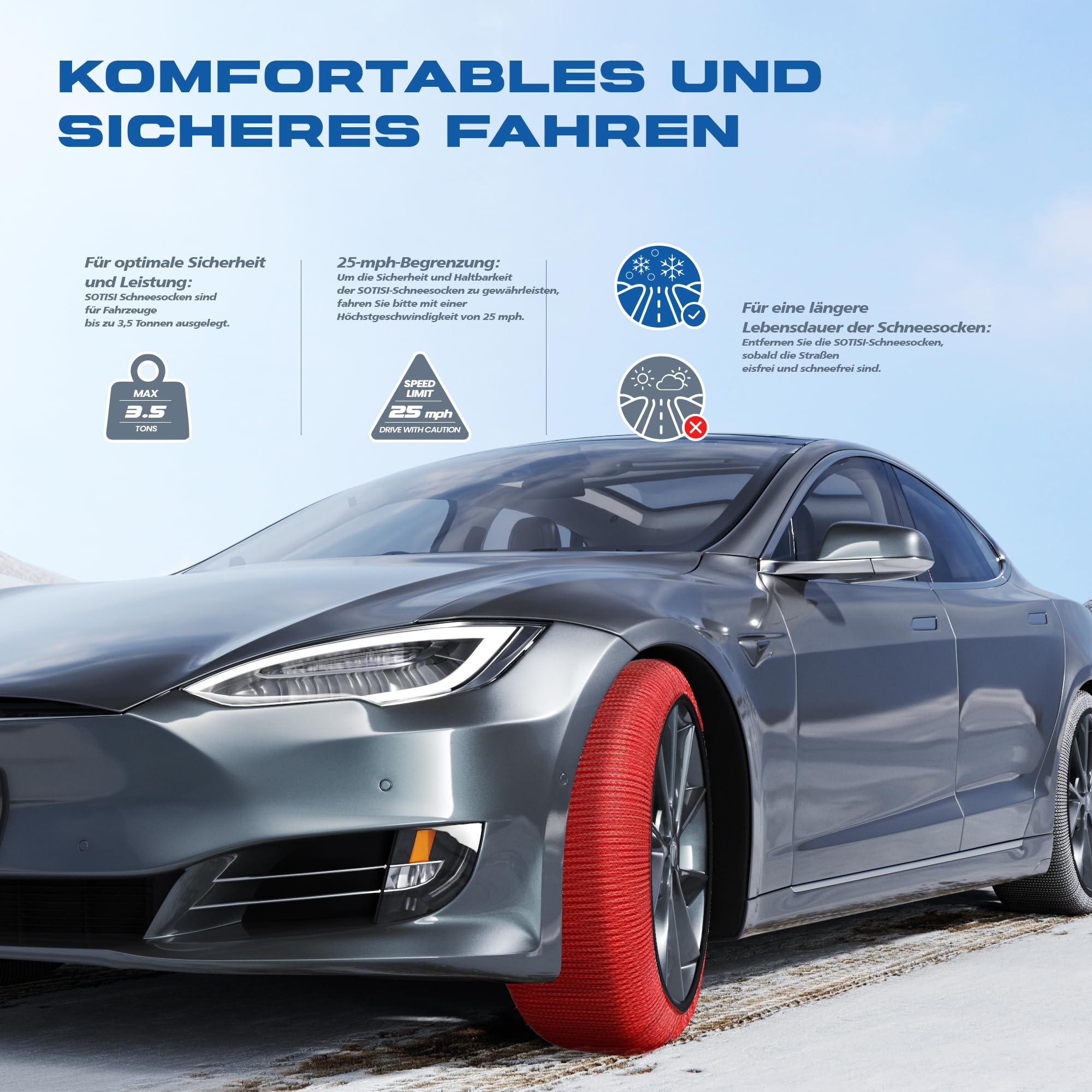 Winterreifen Schneeketten XL - EN 16662-1- Hochsichere, leicht installierbare Textil Schneeketten für Autos - rutschfeste, strapazierfähige Ketten - Set mit 2 Ketten + Handschuhe(Rossi)