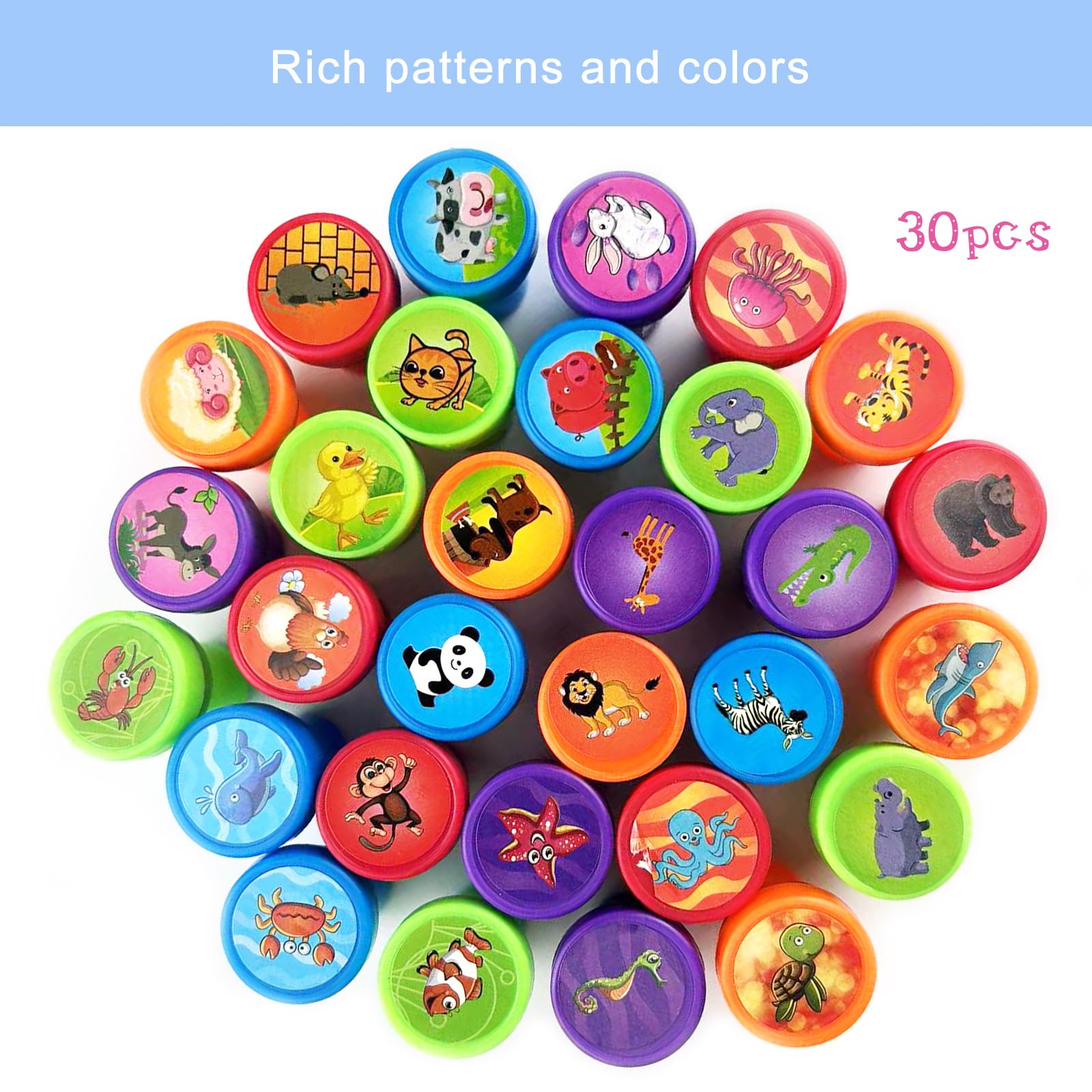 Nutabevr 30 Piezas 5 Colores Disponibles Animals Stamps Conjunto Sellos,Sellos infantiles colores,para Jugar sobre Papel Juguetes Artesanales, Fiesta Infantil Premios Escolares Regalo de Cumpleaños