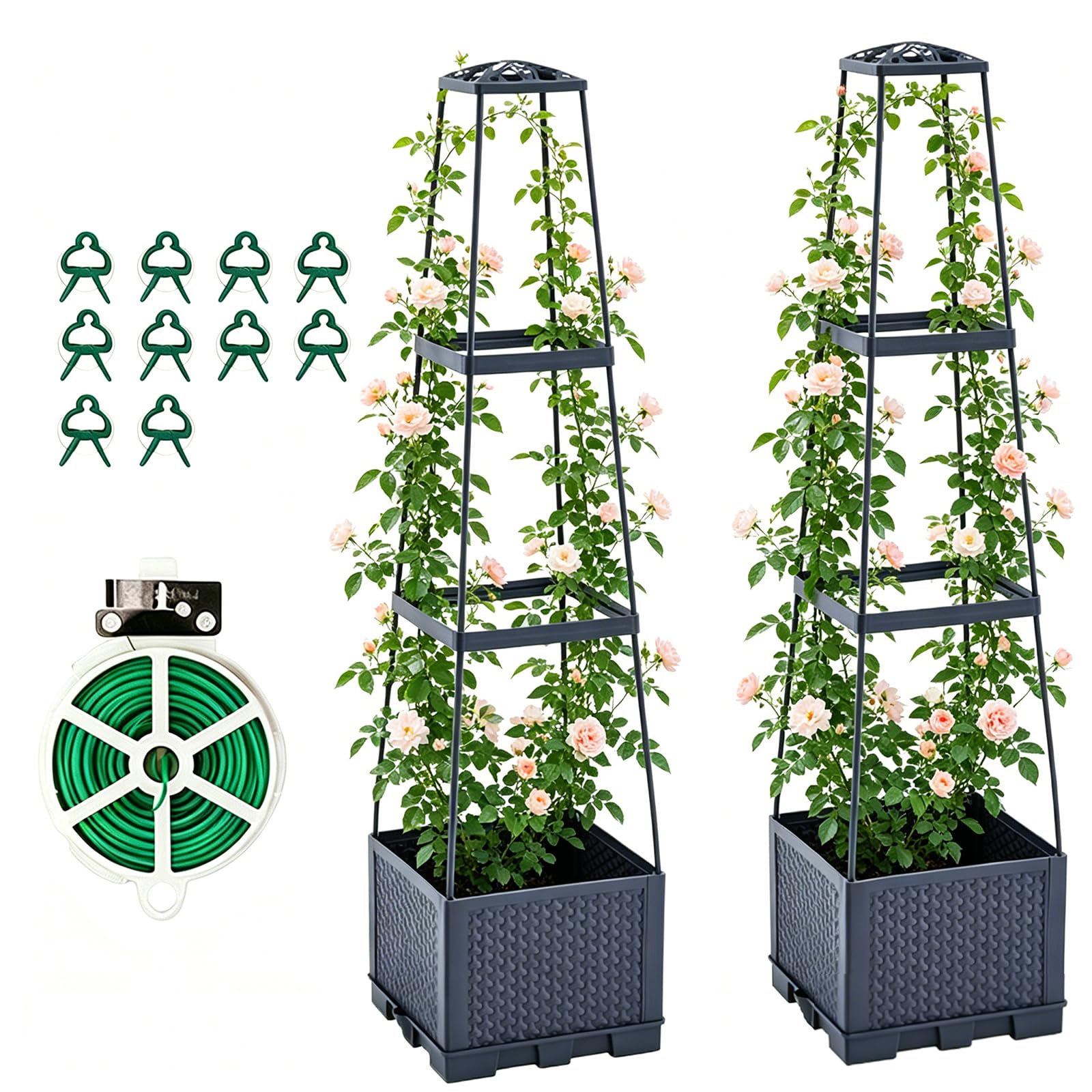 2-Pack Podwyższona Skrzynka Ogrodowa z Pergolą, Skrzynka do Pnących Roślin, Modułowa Skrzynka na Kwiaty z PP do Sadzenia na Zewnątrz w Ogrodzie three floors
