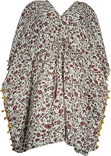 Mogul Interior Womens Boho Kaftan Dress Printed Pom Pom Boho Caftan Bikini Cover Up XL White