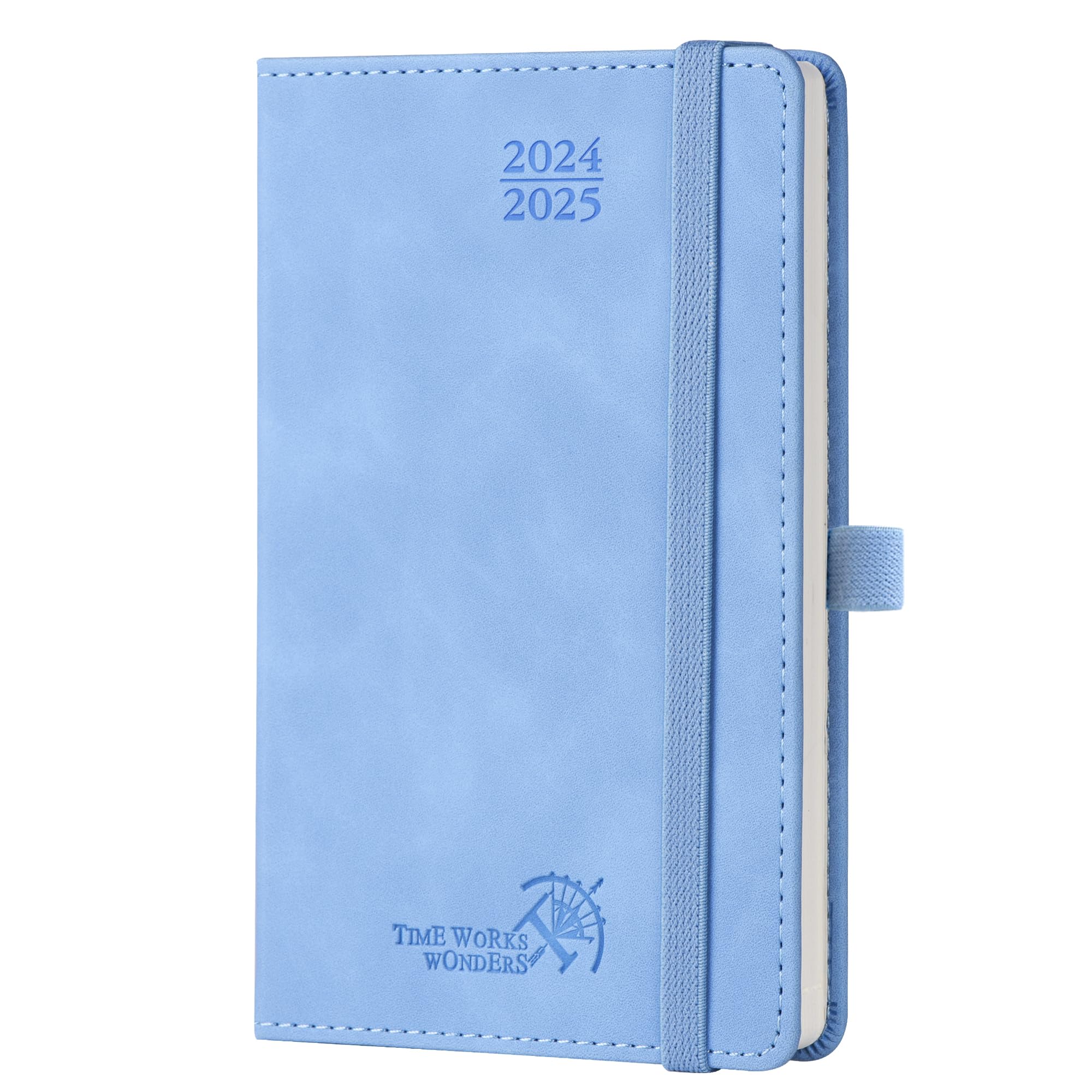 POPRUN Agenda 2024 2025 Pequeña de Bolsillo 16 x 10,5 cm, Una Página por Semana con Una Página de Notas 17 Meses de Ago.2024 a Dic.2025, 100 GSM Papel, Azul Celeste