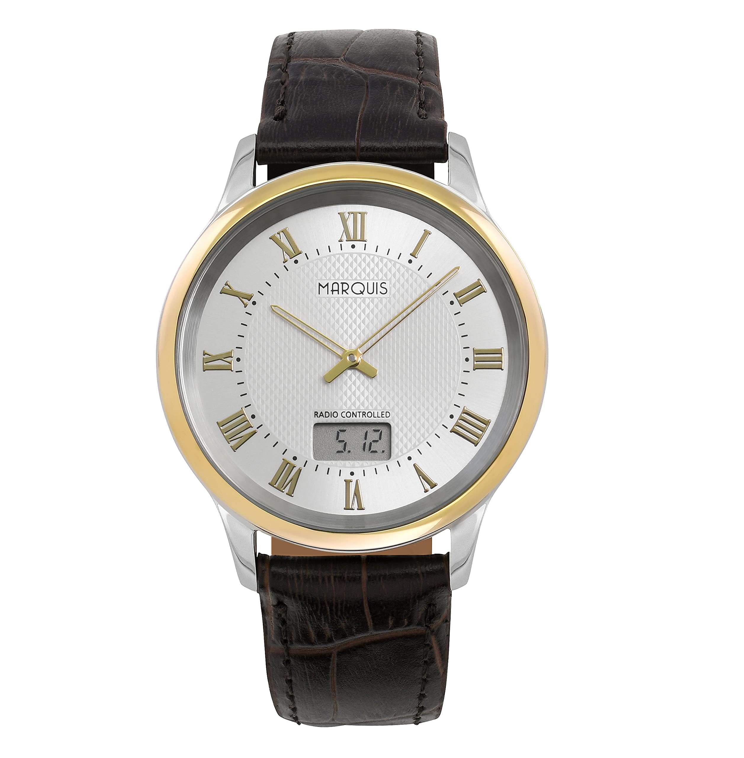 Elegante Bicolor Herren Funkuhr (Junghans-Uhrwerk) Braunes Lederarmband, Edelstahlgehäuse 964.4106