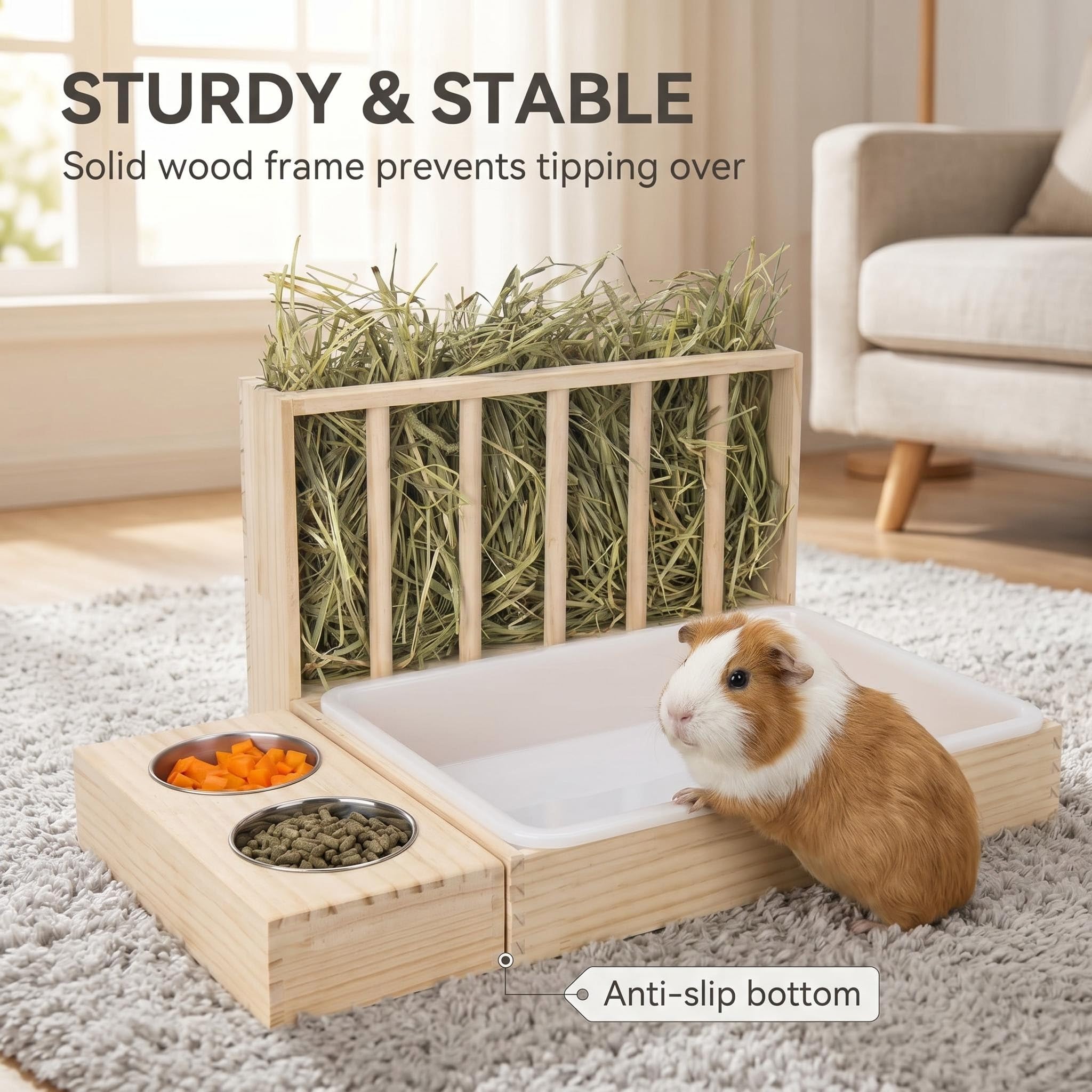 Caja de Arena para Conejos 3 en 1 de Madera con comedero de heno y Dos Cuencos de Acero Inoxidable, estación de alimentación Desmontable para cobayas, Conejos Enanos, hámsters, Chinchillas, Accesorio