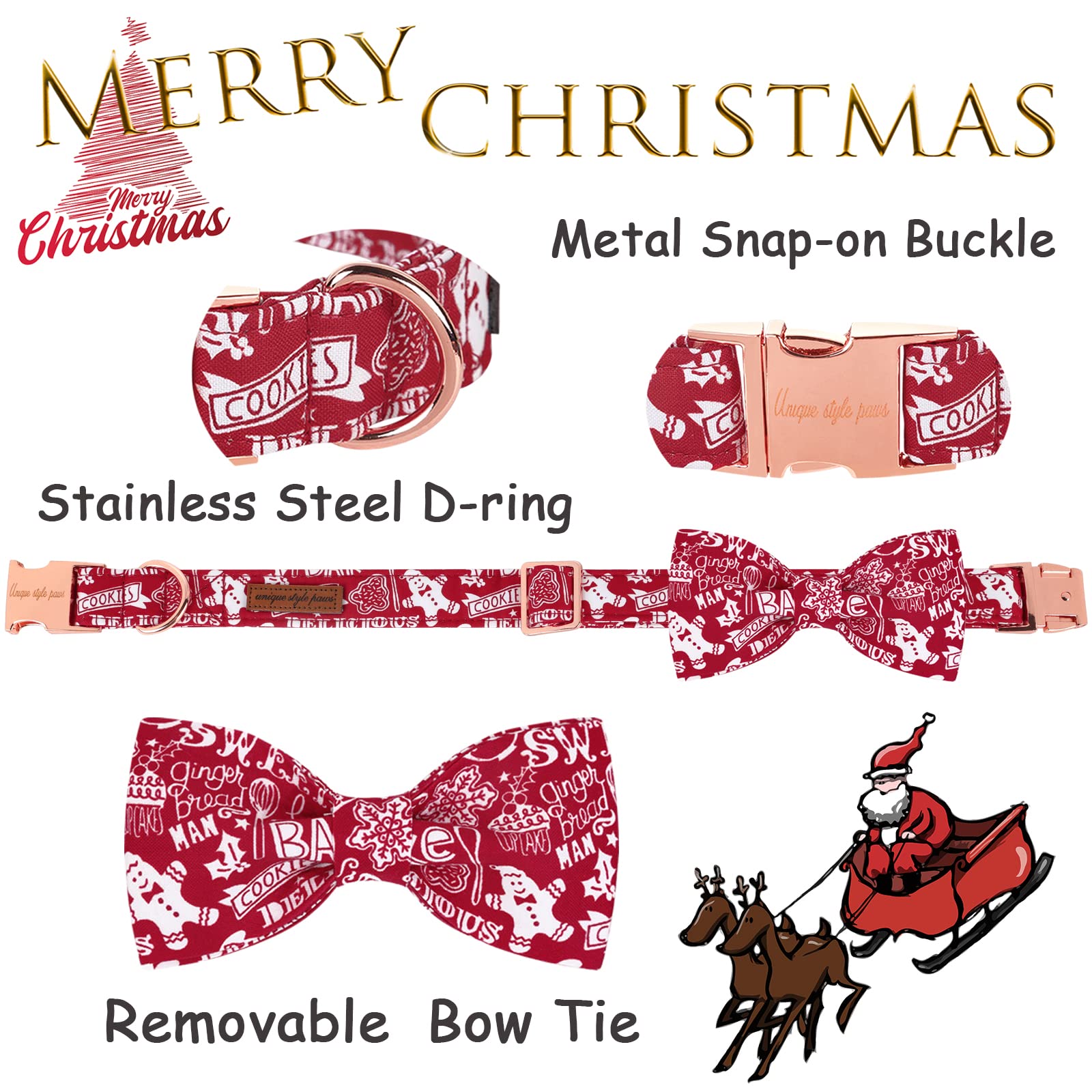 Unique style paws Christmas Dog Collar with Bow Tie Adjustable Gingerbread & Snowman Theme Pet Collar for Small Medium Large Dogs-M - Image 2