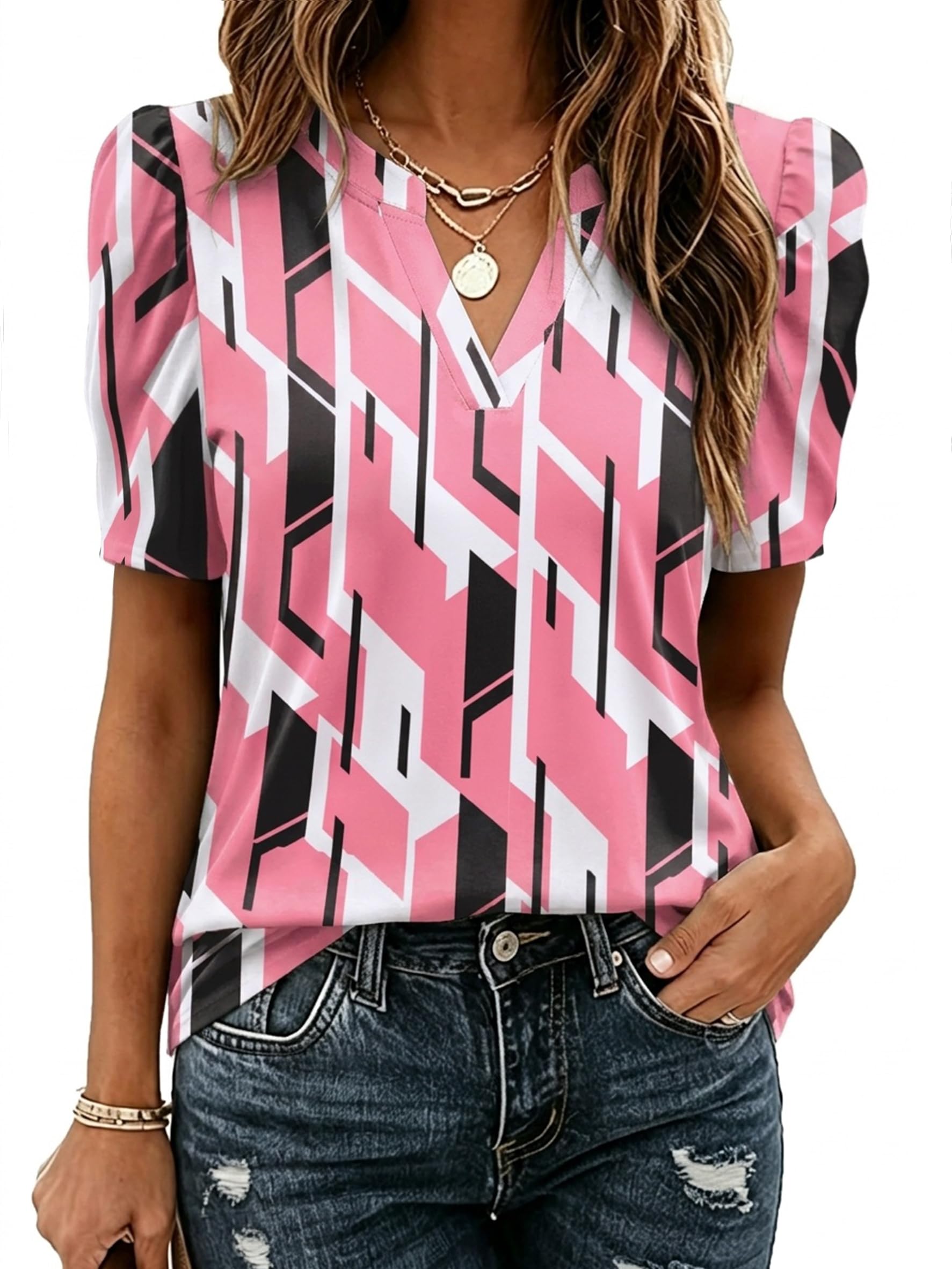 Zeagoo Women Blouses Puff Short Sleeve Tops V Neck Dressy Casual Spring Shirts Boho Floral Cute Clothes 2026