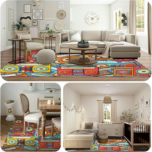 Miniatura 4 de Alfombra retro de radio cassette de los años 70, 80 y 90, estilo garabato, alfombra de 5 x 7 pies, alfombra de área para sala de estar, dormitorio,