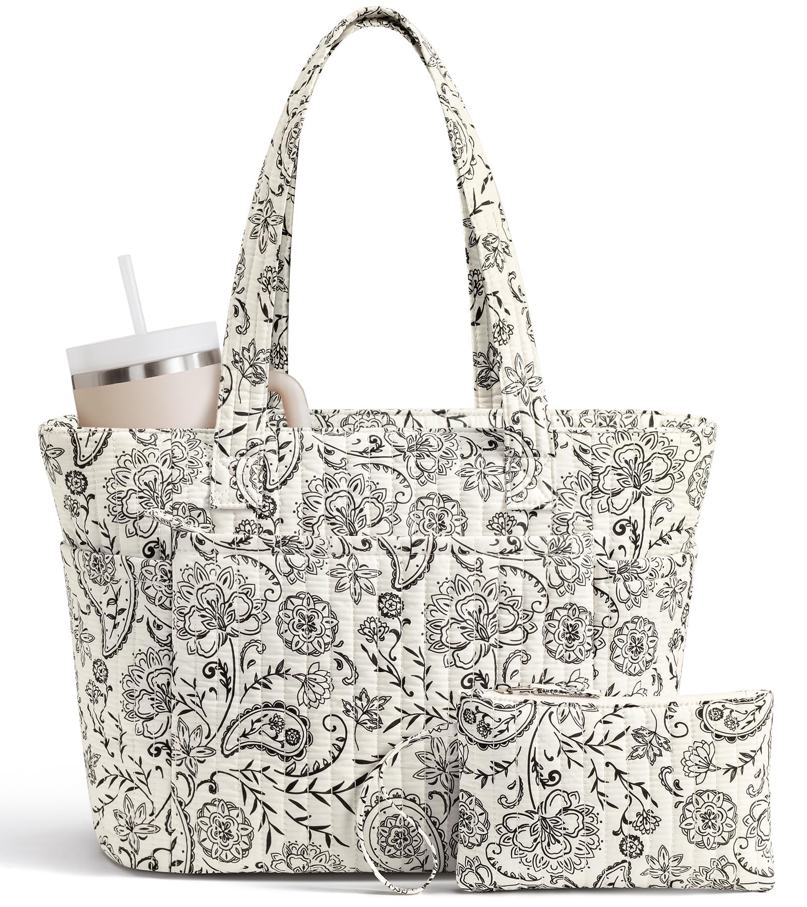 Photo 1 of Bagstellar Quilted Tote Bag for Women, Puffer Cotton Zip Laptop Work Tote Purses Handbag for Teacher, Nurse, Travel, School