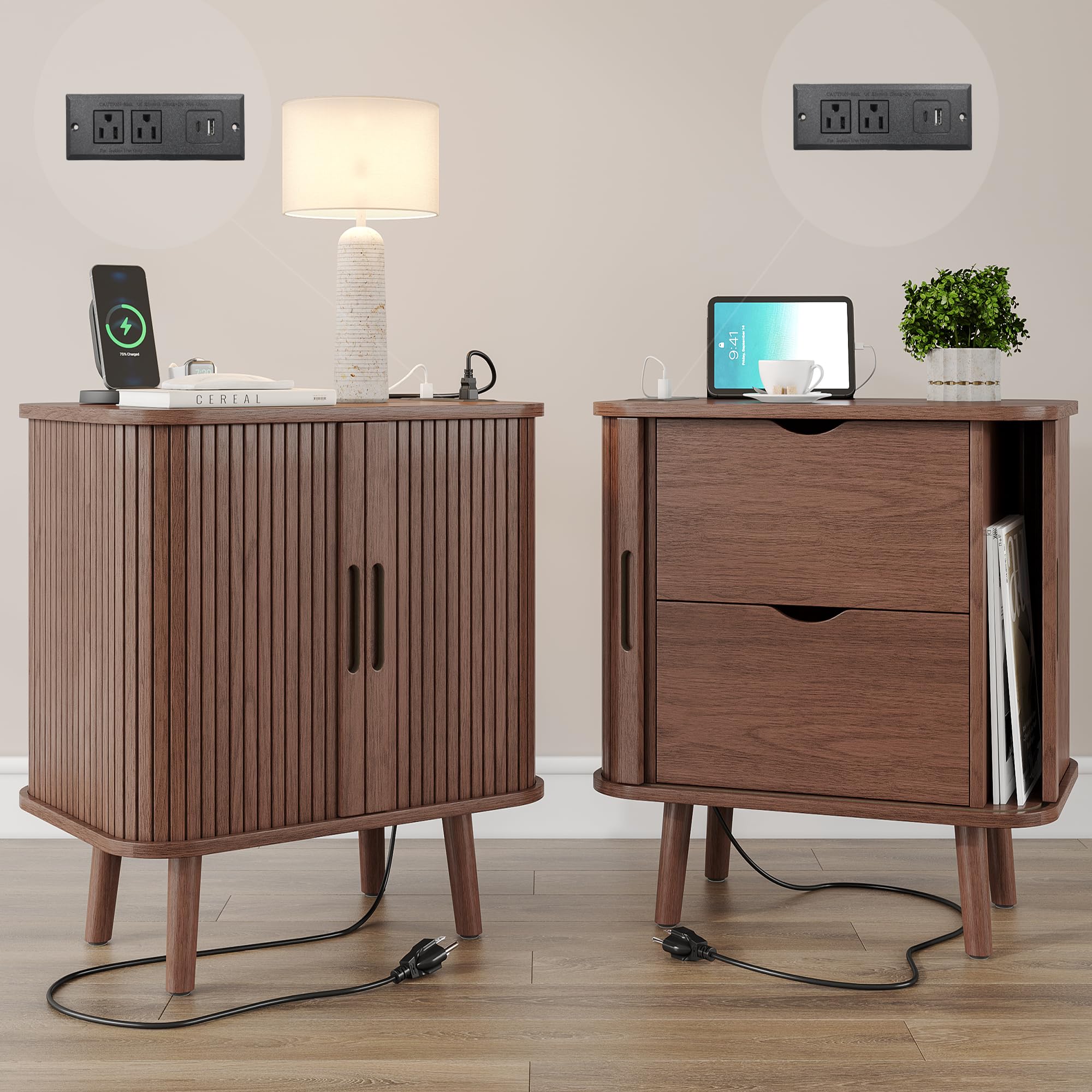 Alohappy Nightstand Set of 2, Mid Century Night Stands with Charging Station, Fluted Bedside Table with Drawer & Shelf, 22.4" Large Modern End Table