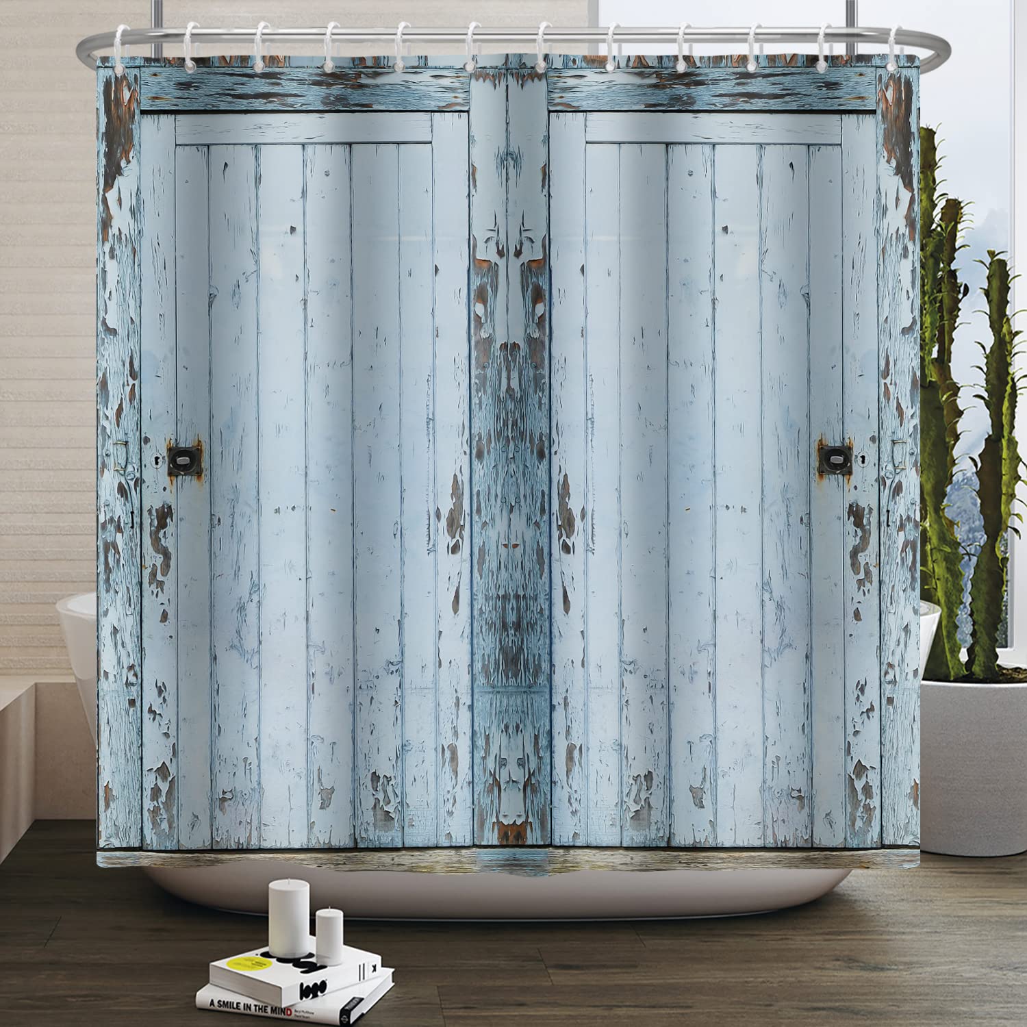 SDOTPMT 180x243cm Wood Plank Shower Curtain Rustic Pale Blue Old Hardwood Vintage Board Floor Bath Curtain Rural Farmhouse Countryside Bathtub Curtain for Bathroom Fabric Polyester with Hooks - Image 3