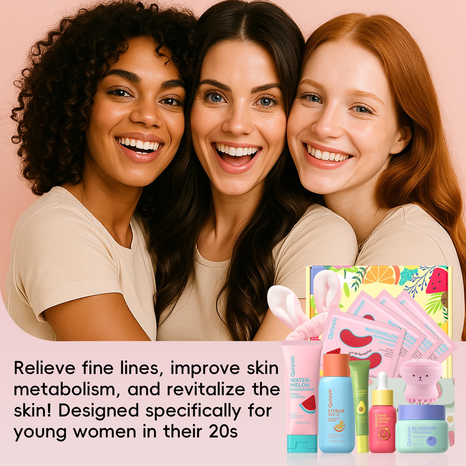 QUIYUM Set Regalo Viso Anti-Invecchiamento per Pelli Giovani, Kit Skincare Completo da 11 Pezzi per Donna con Estratti di Frutta, Peptidi, Vitamina C e Ceramidi