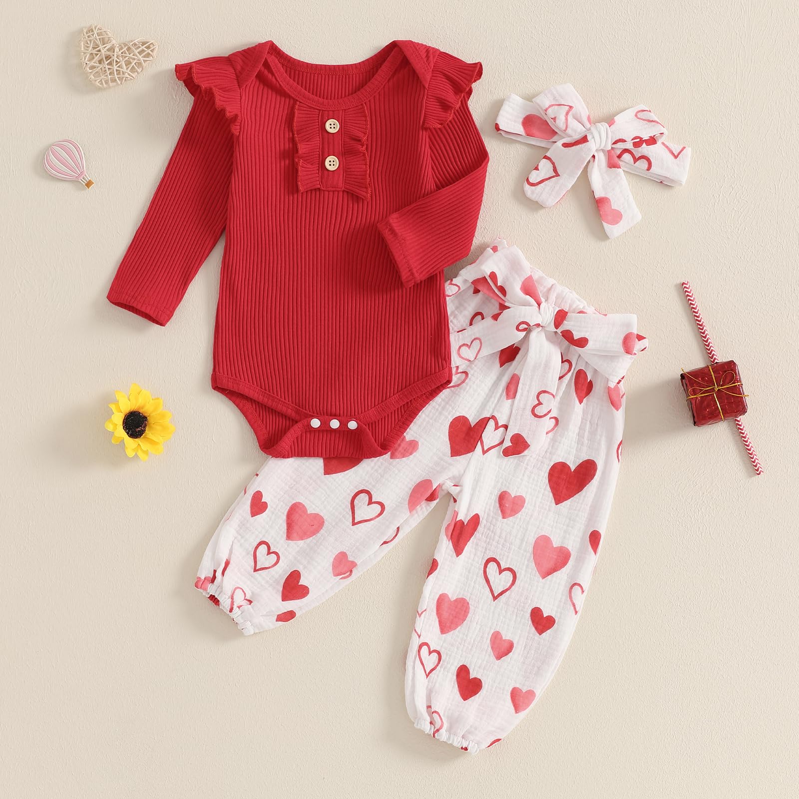 Rtnnsbbfcm Newborn Baby Girl Valentine's + Day Outfit Long Sleeve Ribbed Romper Heart Print Pants Headband 3Pcs Set (Red, 3-6 Months)