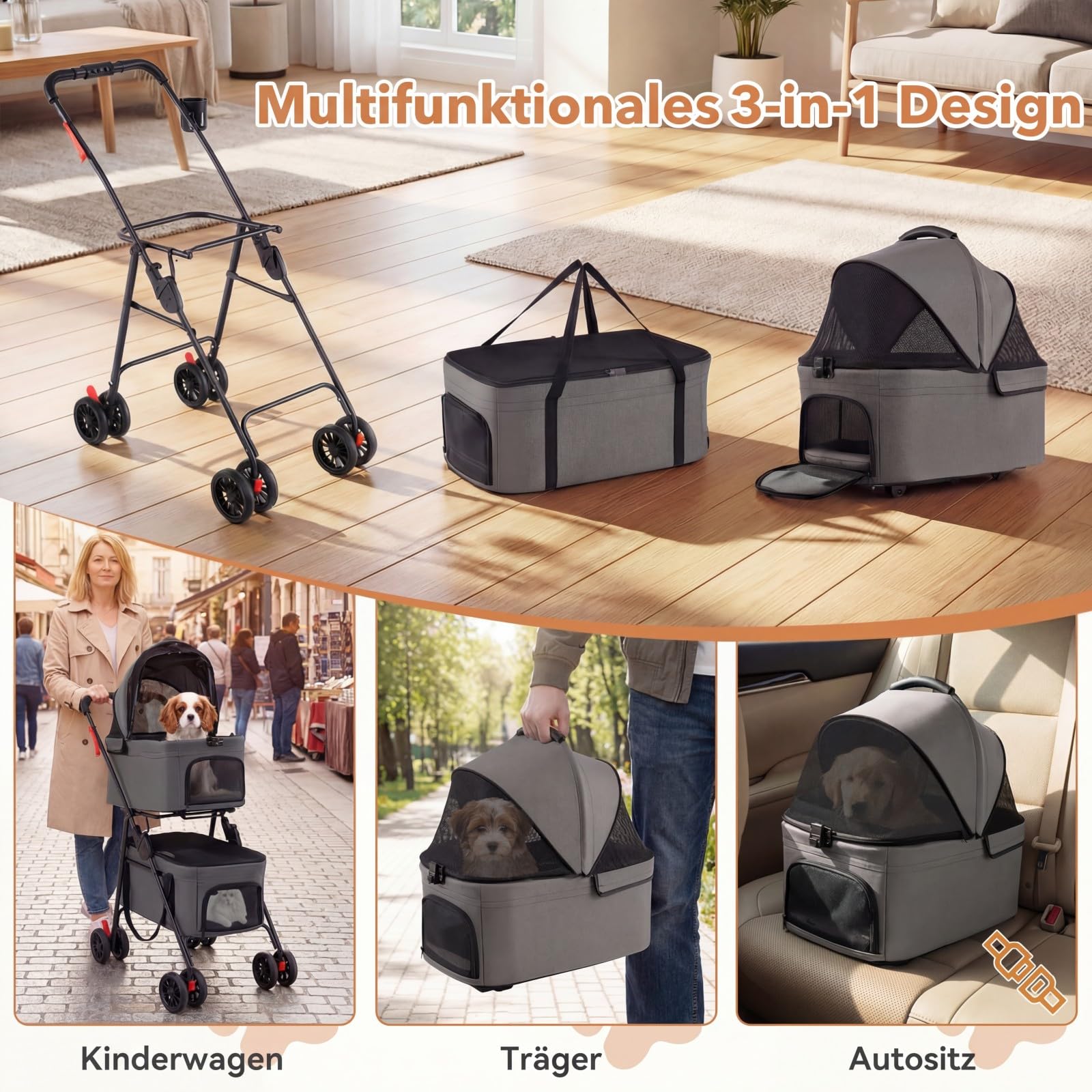 COSTWAY 3 in 1 Hundewagen klappbar, Hundebuggy 2 Etagen, Haustierwagen mit verstellbarem Vordach, Netzfenster & Taschen, Hundebox Transporttasche, Haustierbuggy für Katzen Hunde bis 15 kg (Grau)