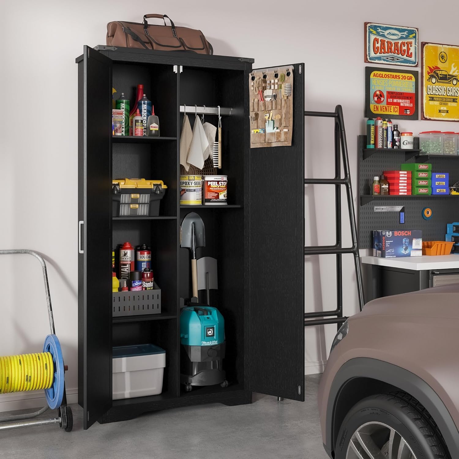 Befrases Black Farmhouse Storage Cabinet with Adjustable Shelves, Large Pantry Organize with 2 Barn Doors, Tall Freestanding Cabinet for Kitchen, Bathroom, Garage, Basement, Living, Utility Room