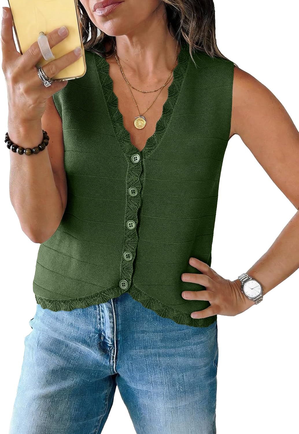 Anbech Womens Sleeveless Sweater Vest V Neck Cropped Knit Cardigans Button Down Casual Summer Tank Tops