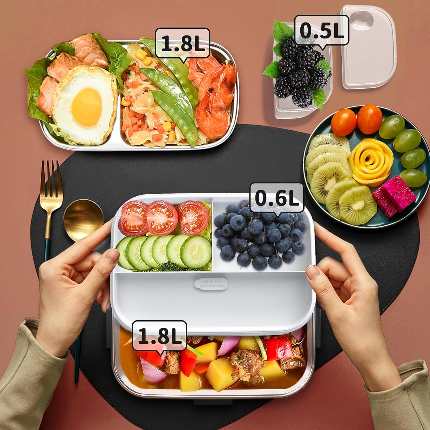 Electric Heated Lunch Box for Adults, 100W 3-IN-1 2 Pack 1.8L Containers Heating Lunch Box for Men Portable Double Layer, Fast Heated Food Warmer,12V/24V/110V for Car Truck Office Home - Image 7