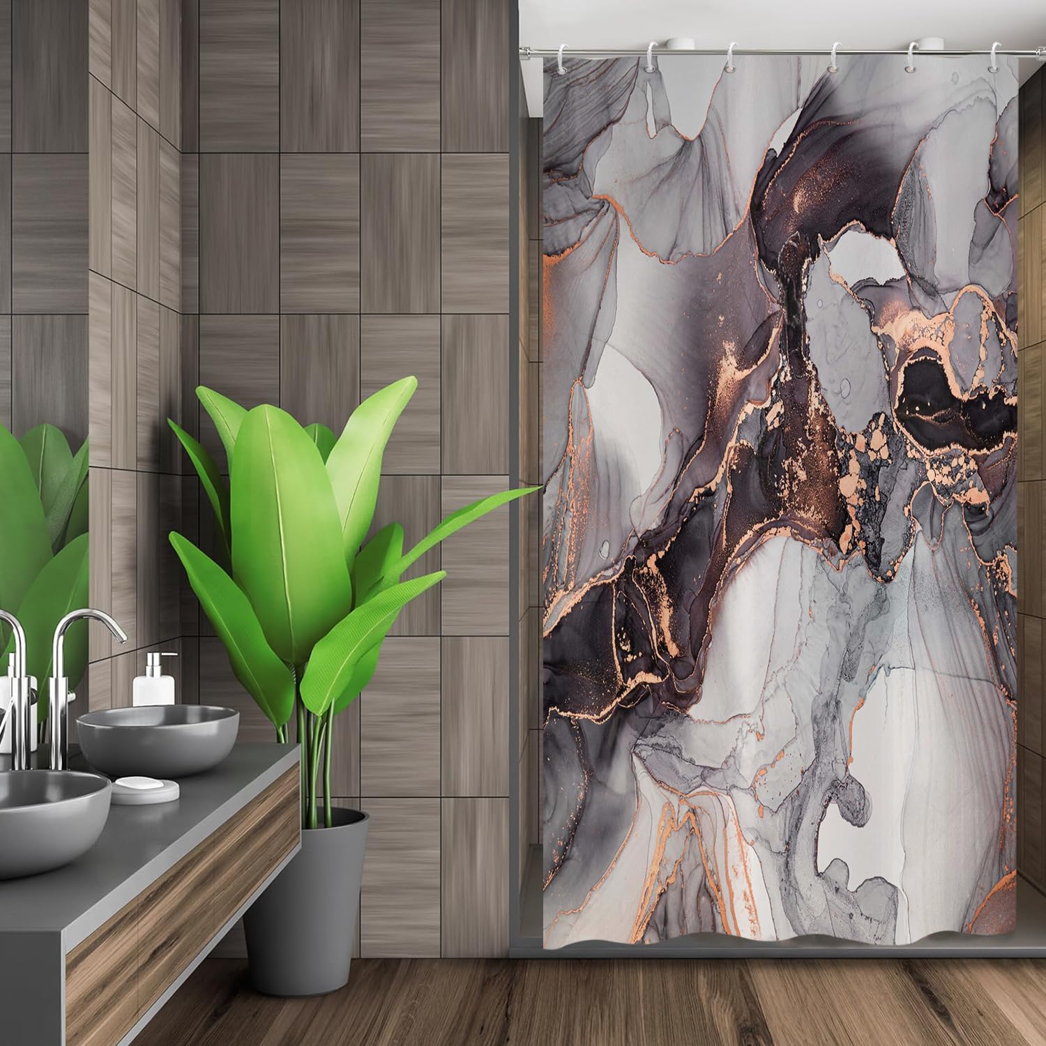 ASDCXZ Marble Shower Curtain 90x180 cm, Modern Abstract Art Black Gold Grey Marble Optic Texture Bath Washable Shower Curtains Polyester Textile Waterproof Bath Curtain for Bathtub with 6 Hooks — image 1
